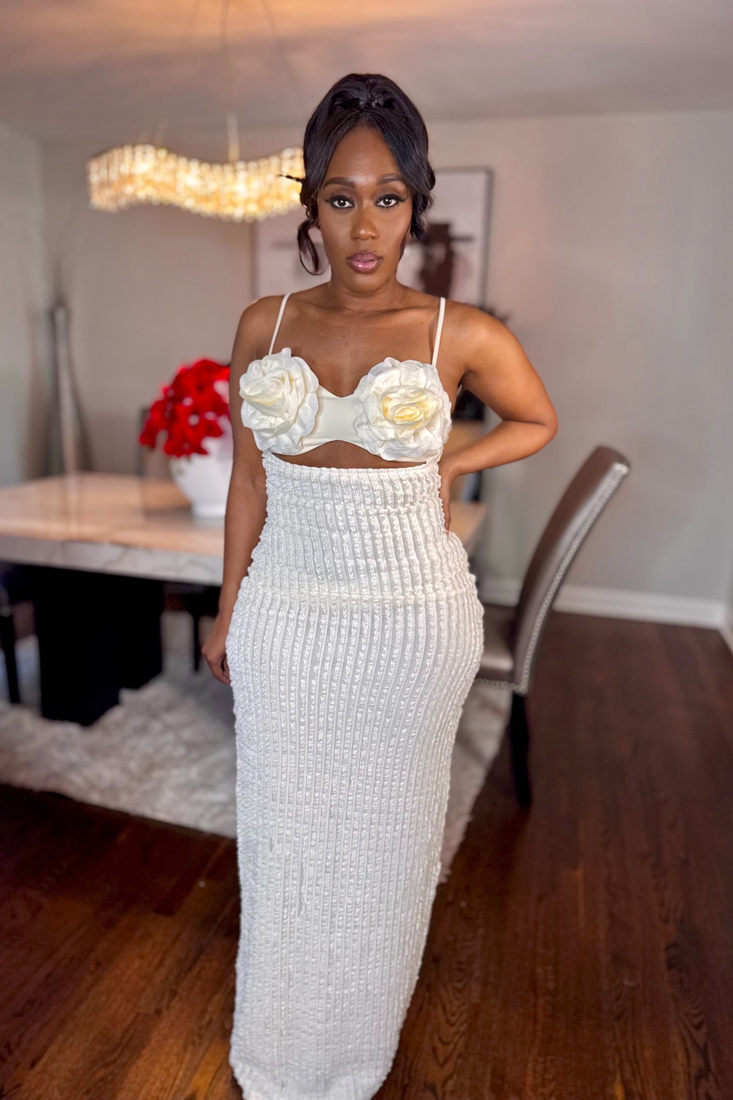 CREPE ROSE RUFFLE LACE MAXI