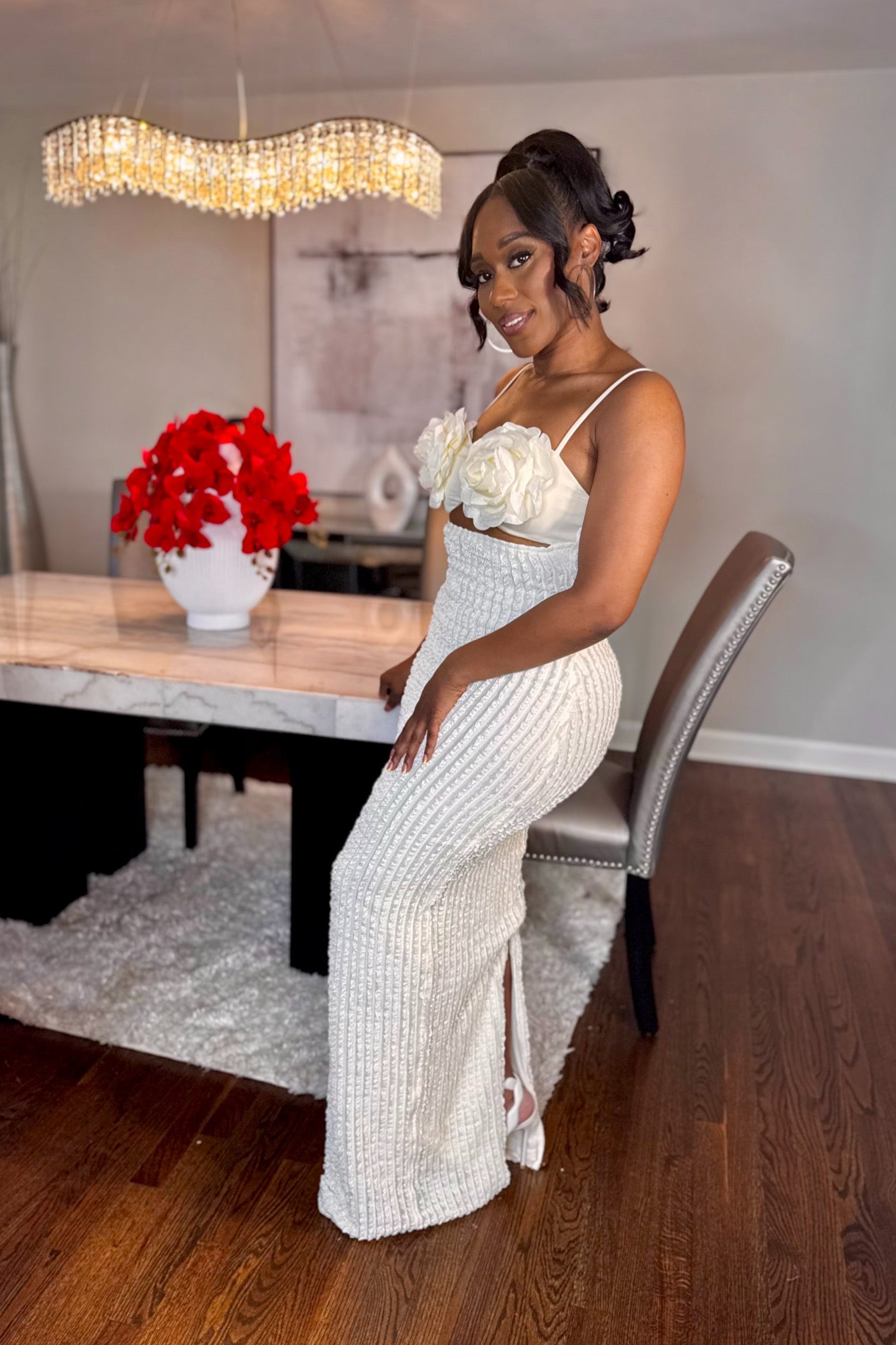 CREPE ROSE RUFFLE LACE MAXI