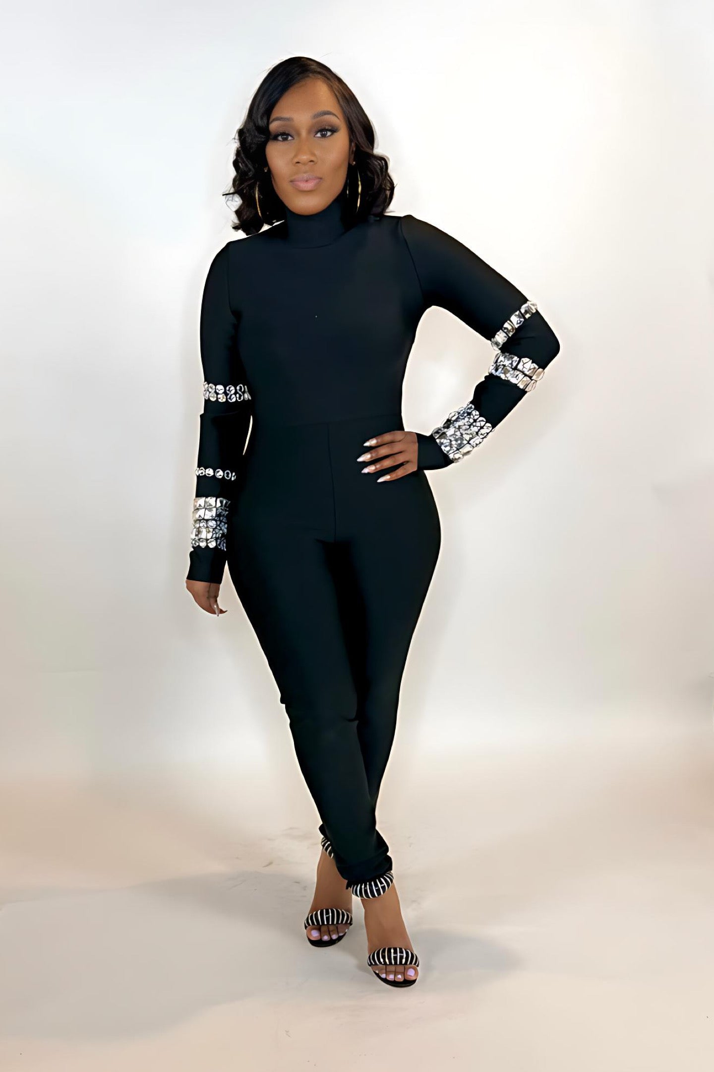 CRYSTAL SLEEVE BANDAGE JUMPSUIT