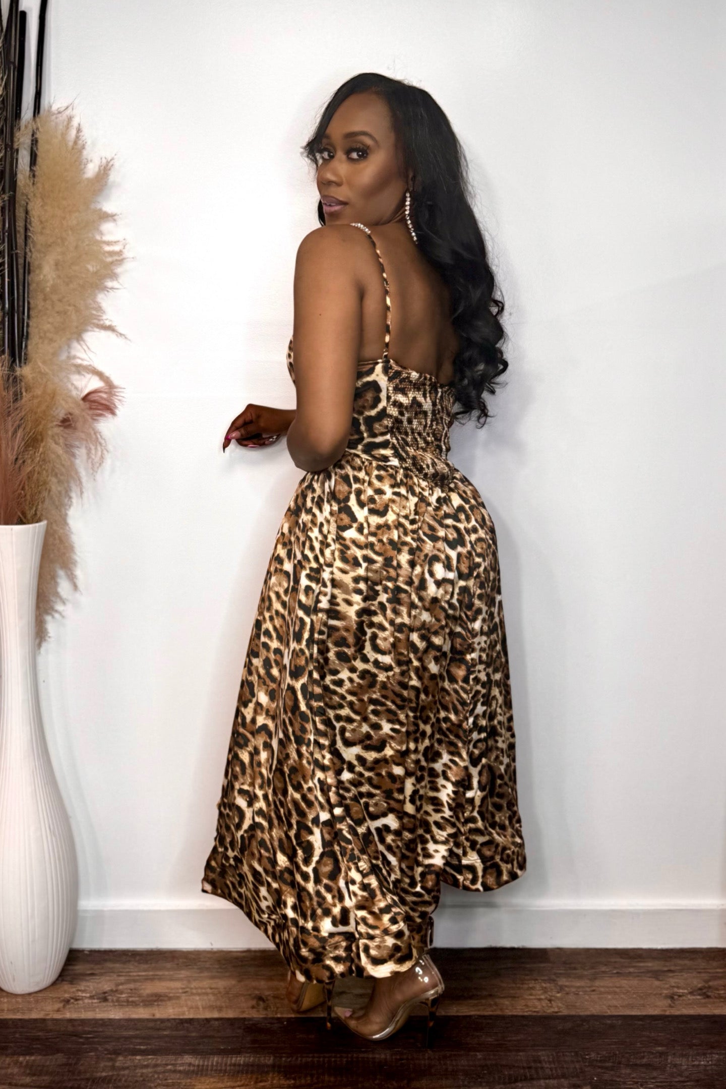 BUSTIER LEOPARD MIDI DRESS WITH RHINESTONE