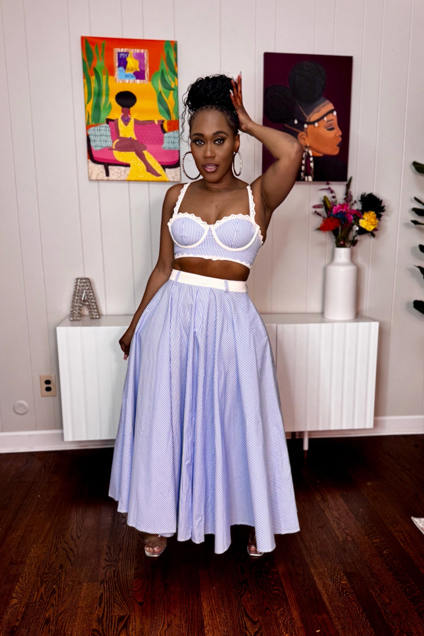 STRIPE LACE TRIM SKIRT SET