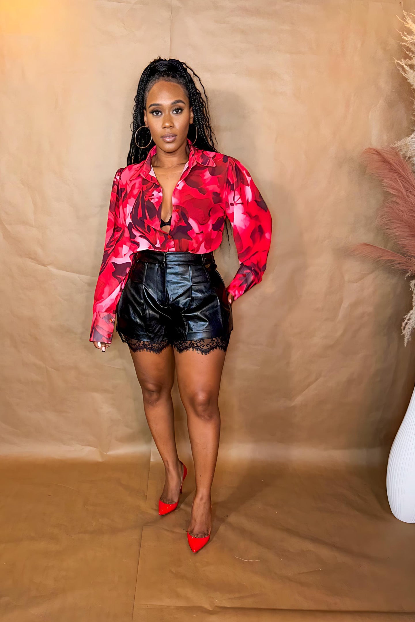 LACE TRIM FAUX LEATHER SHORTS