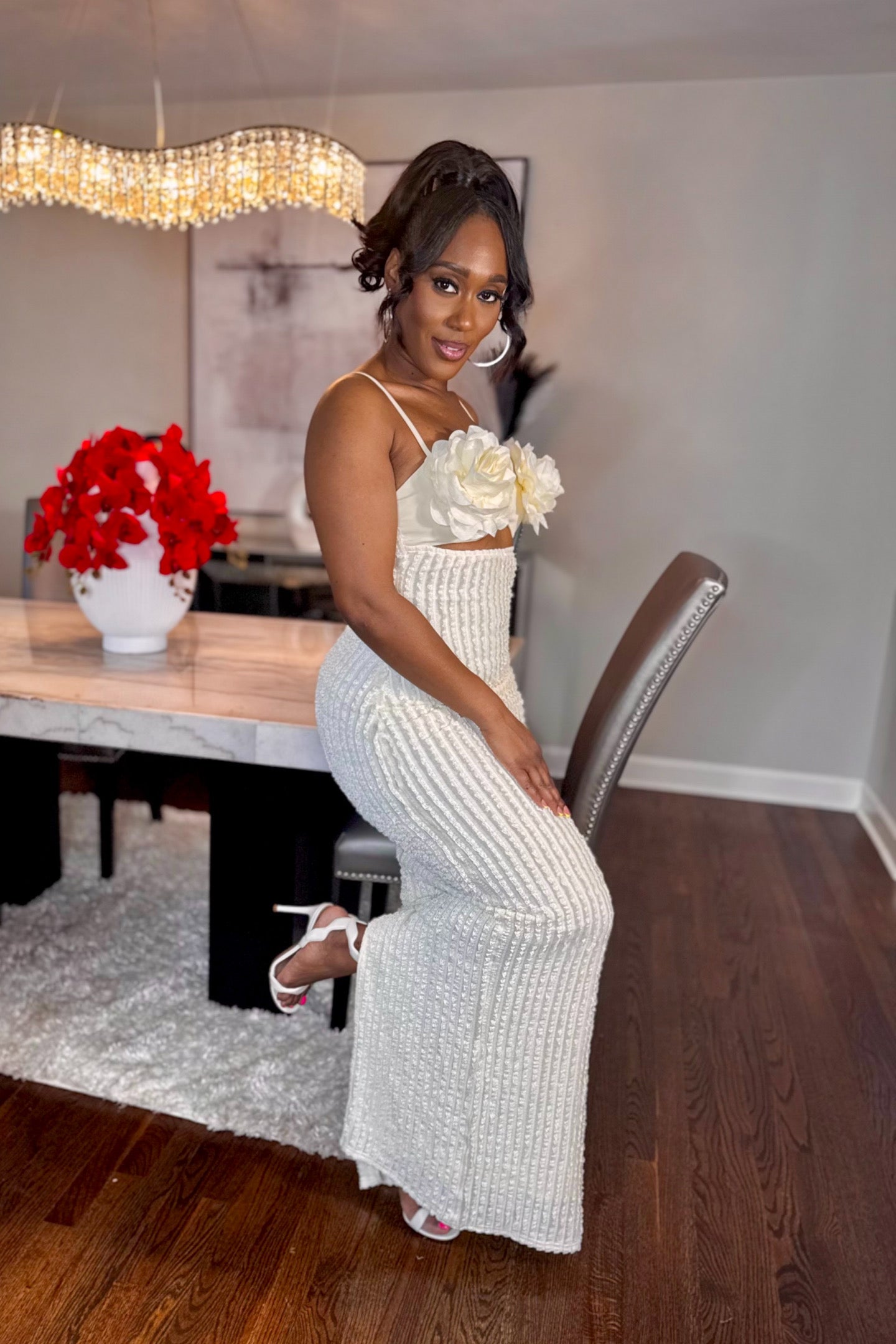 CREPE ROSE RUFFLE LACE MAXI