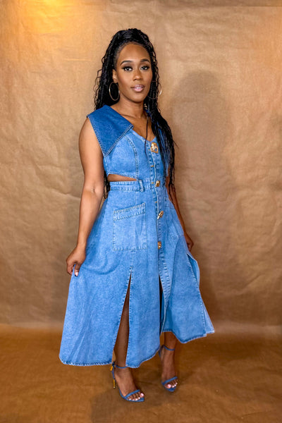 DENIM CUTOUT MAXI DRESS S DENIM CUTOUT MAXI DRESS S