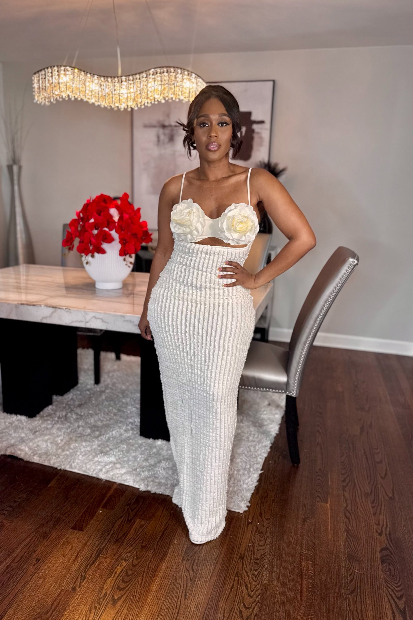 CREPE ROSE RUFFLE LACE MAXI