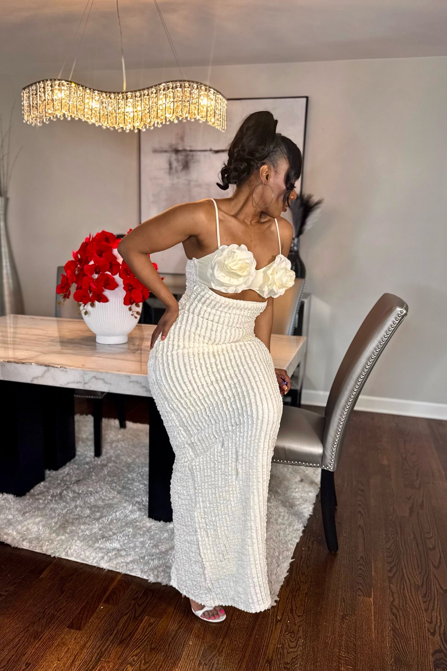 CREPE ROSE RUFFLE LACE MAXI