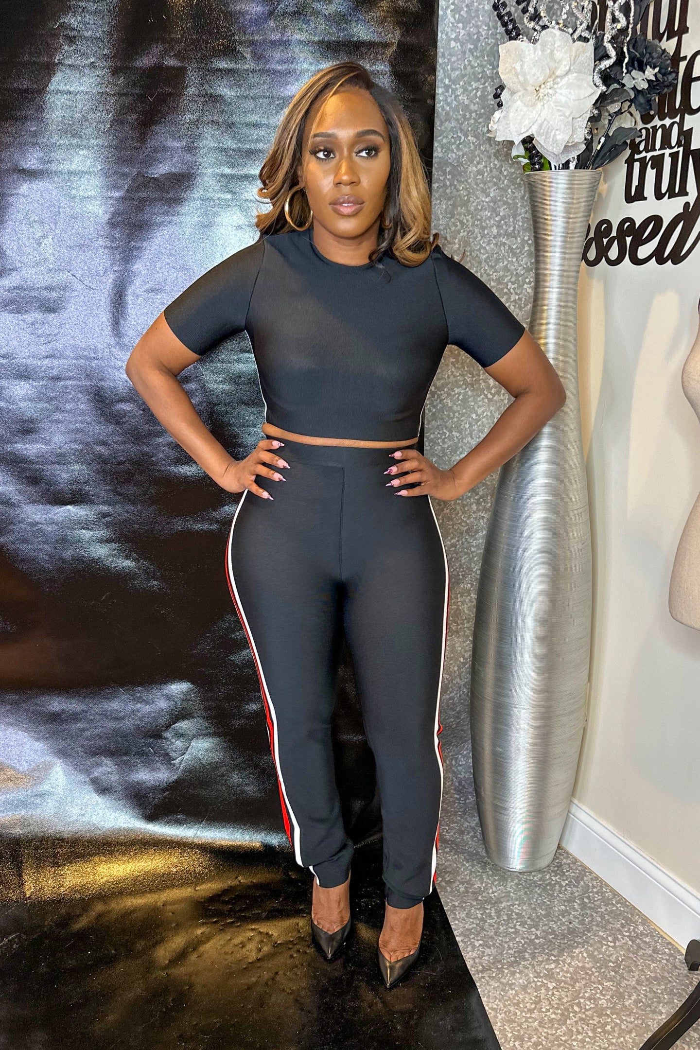 BLACK STRIPE CROP BANDAGE SET