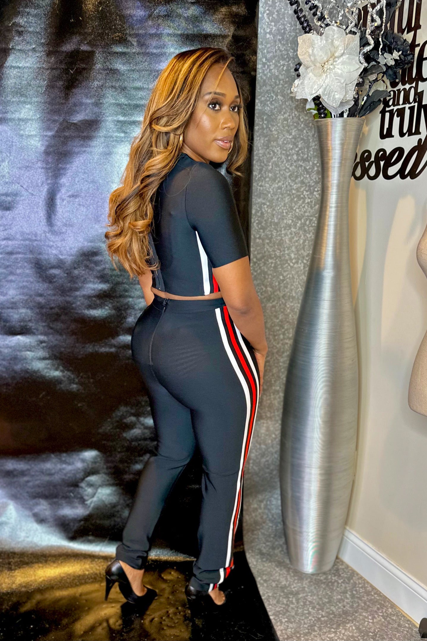 BLACK STRIPE CROP BANDAGE SET