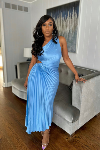 ASYMMETRICAL PLEATED MAXI DRESS BLUE / S