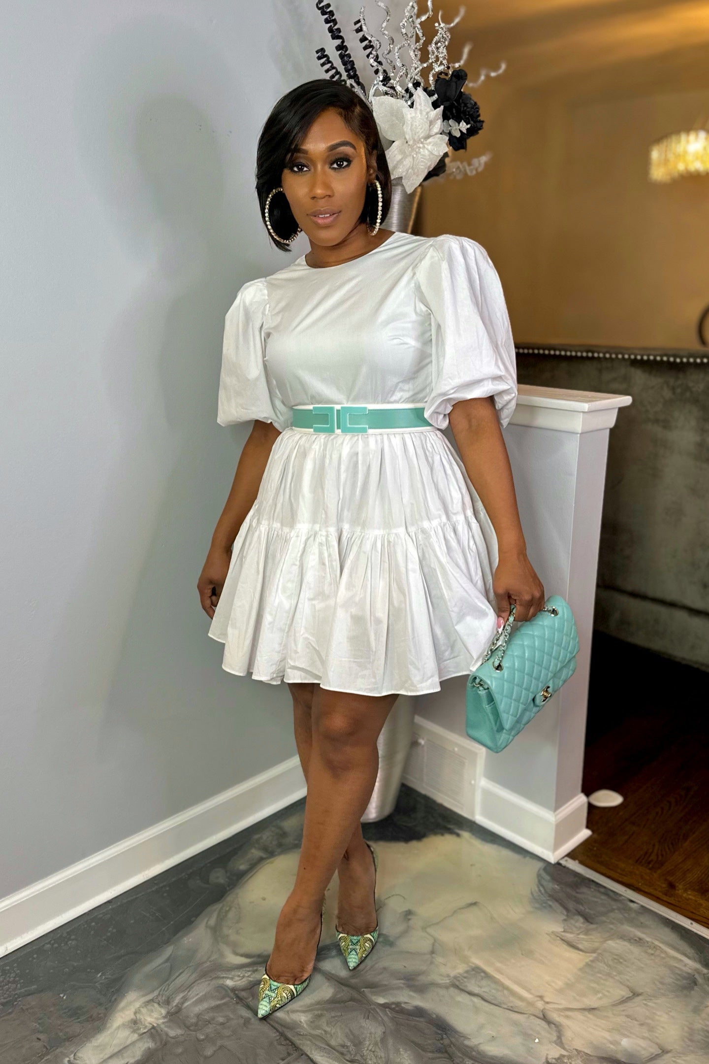 BALLOON SLEEVE MINI DRESS