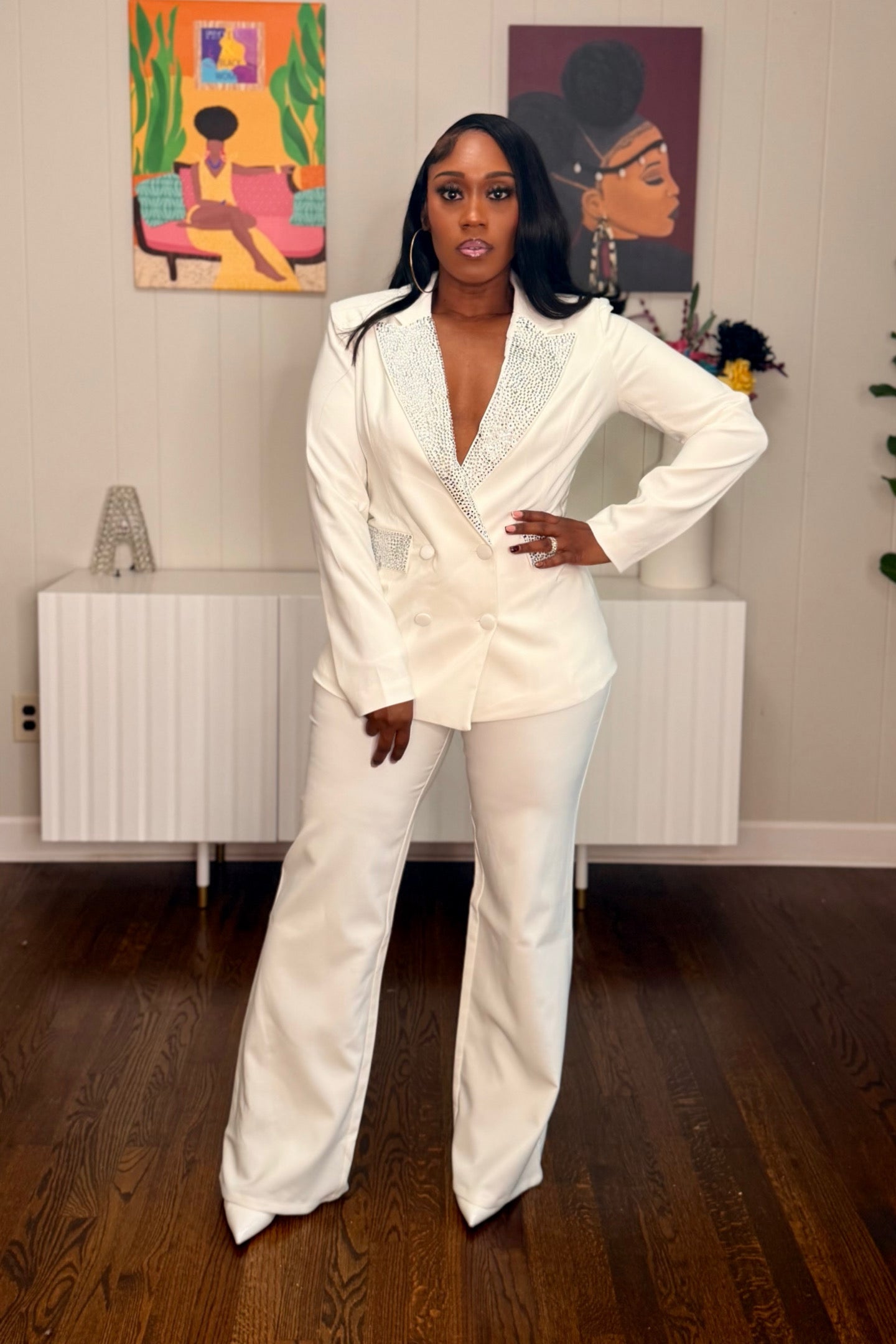 WHITE TAILORED EMBELLISHED PANTSUIT