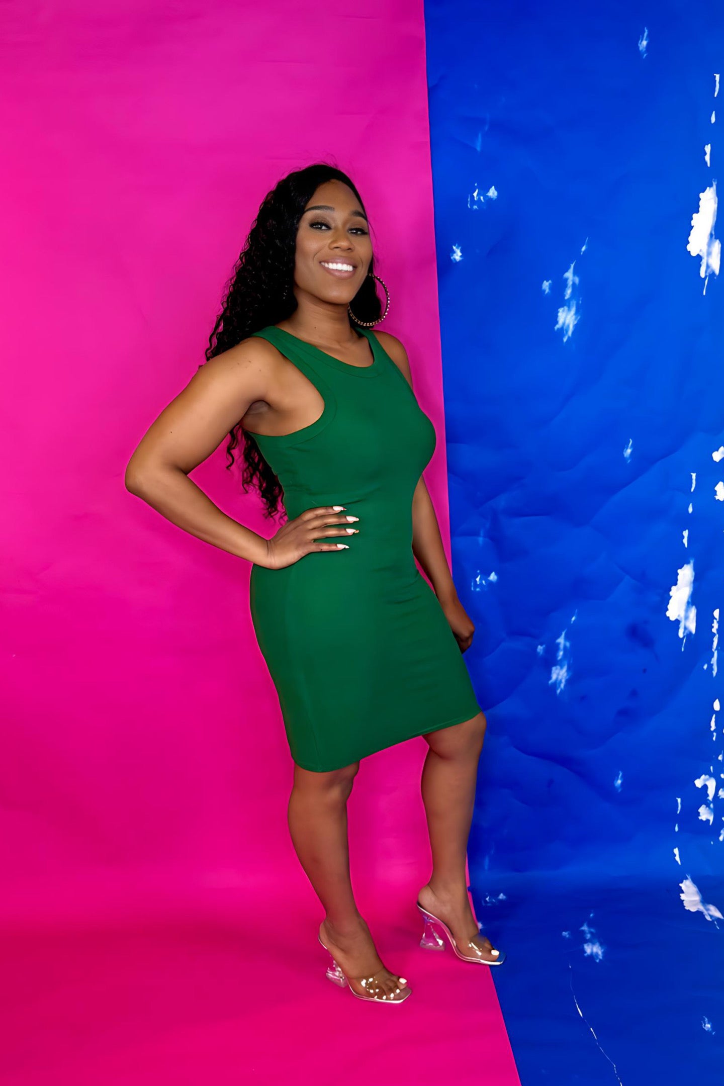 RIBBED FITTED TANK DRESS GREEN / S RIBBED FITTED TANK DRESS GREEN / S