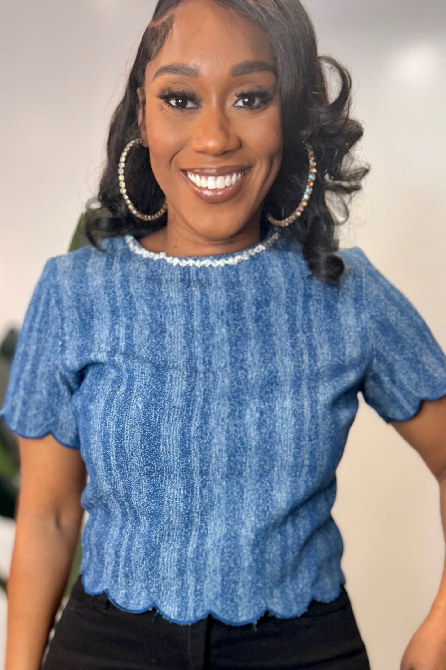 RHINESTONE DENIM SCALLOP HEM TOP