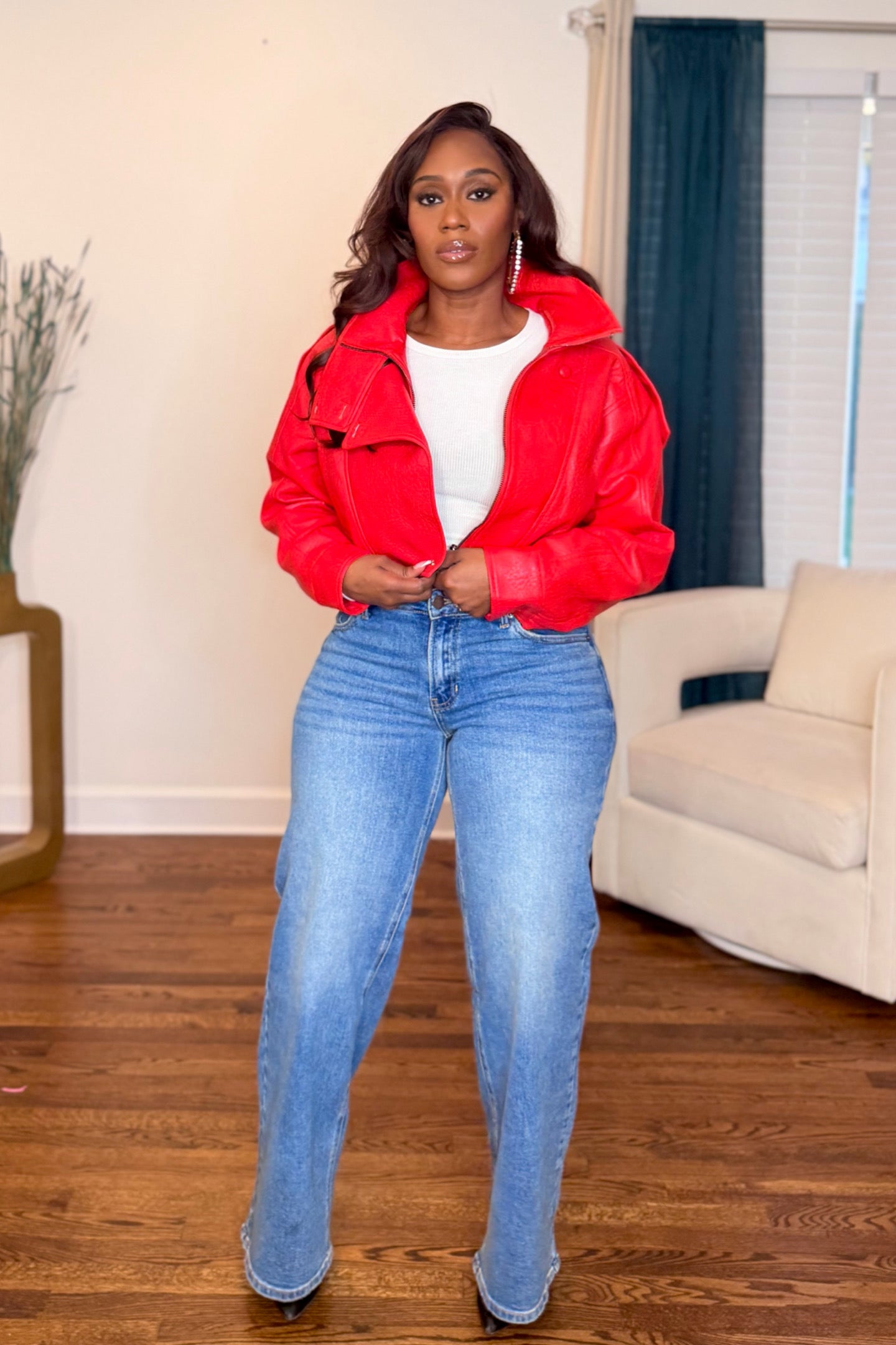 FAUX LEATHER CROPPED FUNNEL NECK JACKET