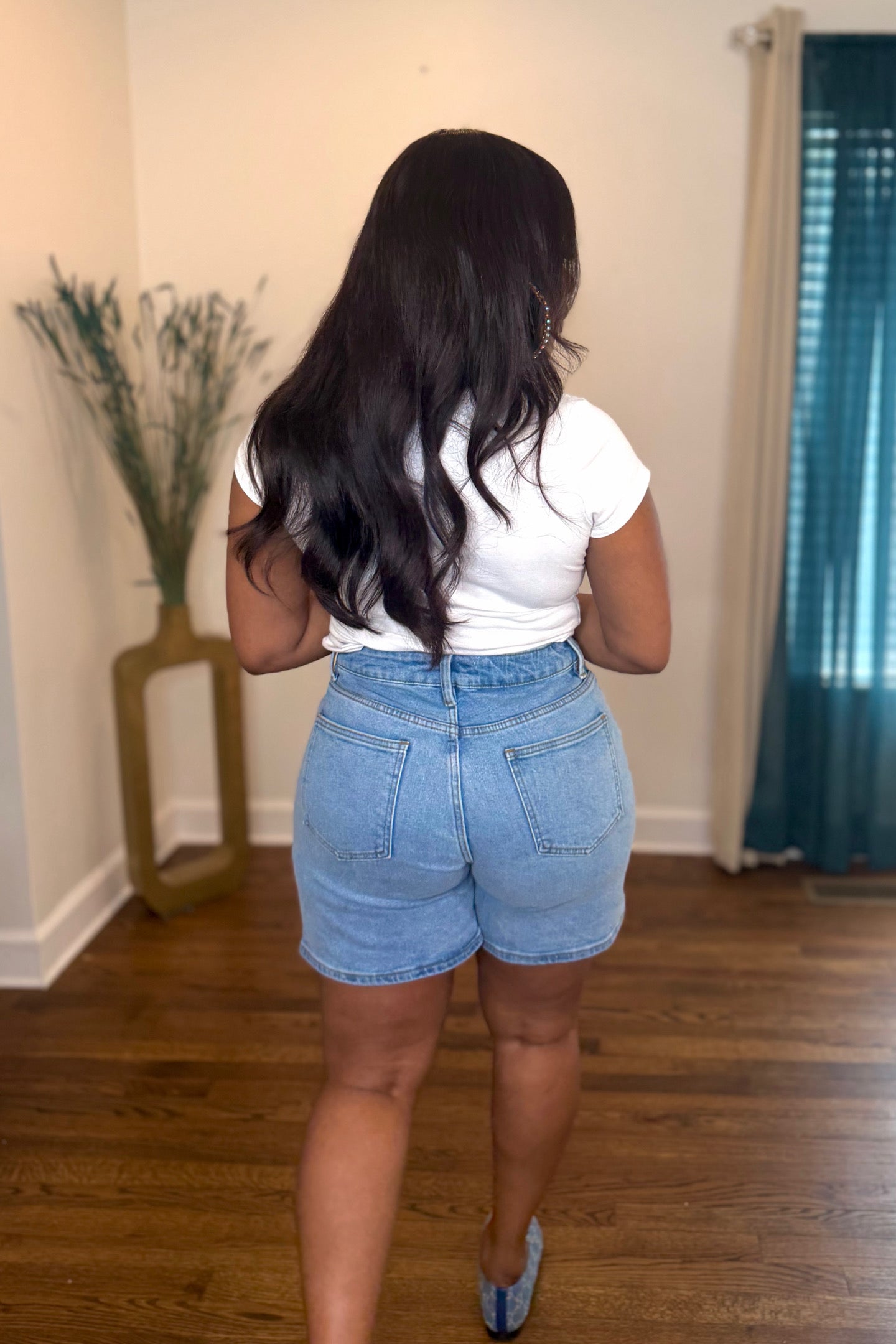 HIGH WAISTED STRETCH DENIM BERMUDA SHORTS