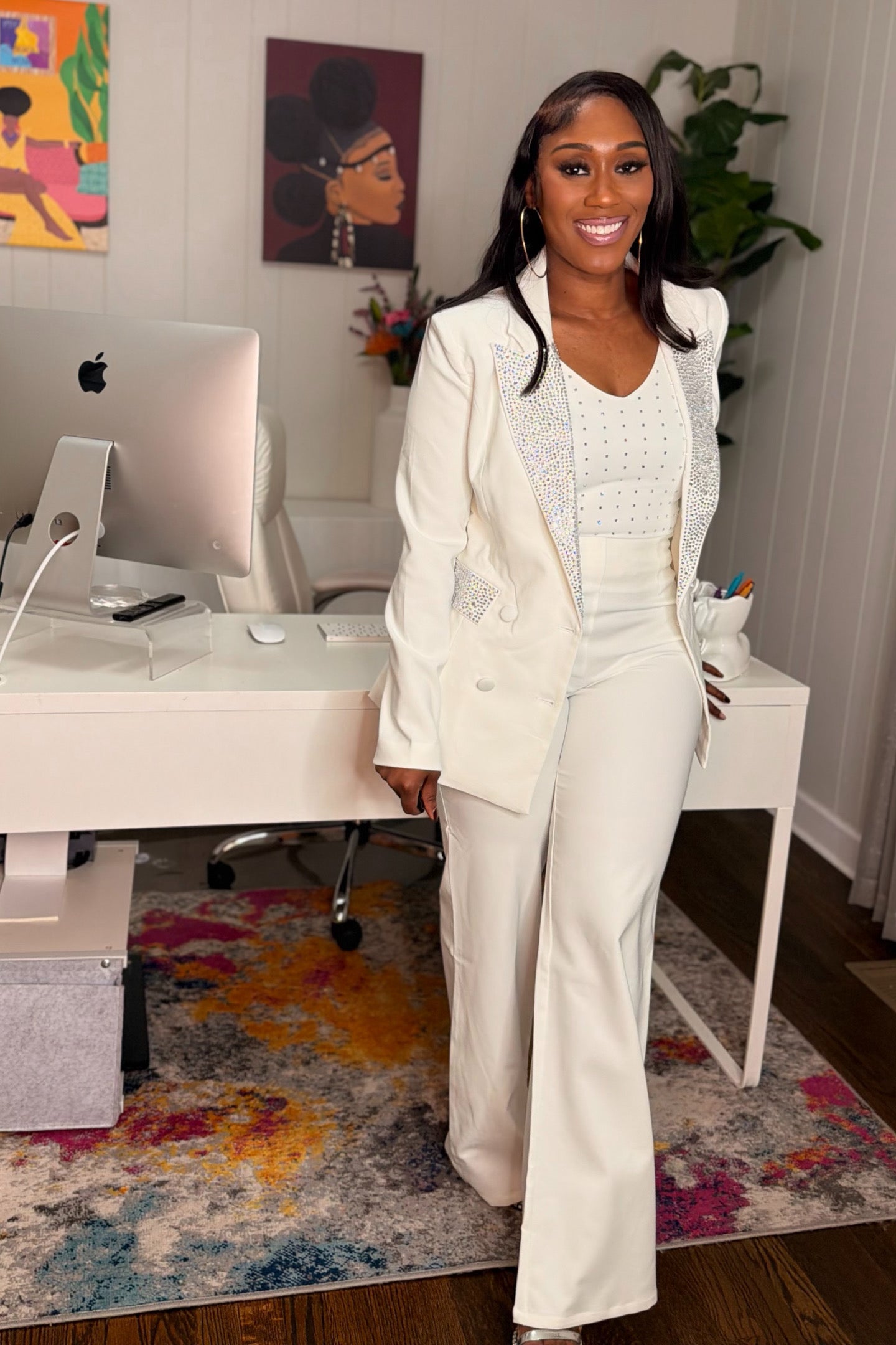 WHITE TAILORED EMBELLISHED PANTSUIT