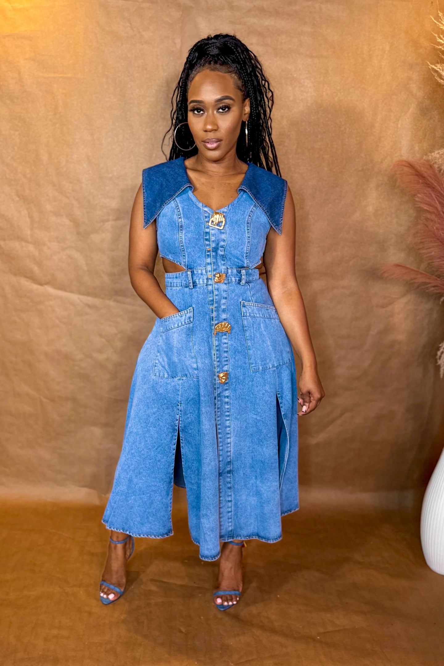 Denim Cutout Maxi Dress S Denim Cutout Maxi Dress S
