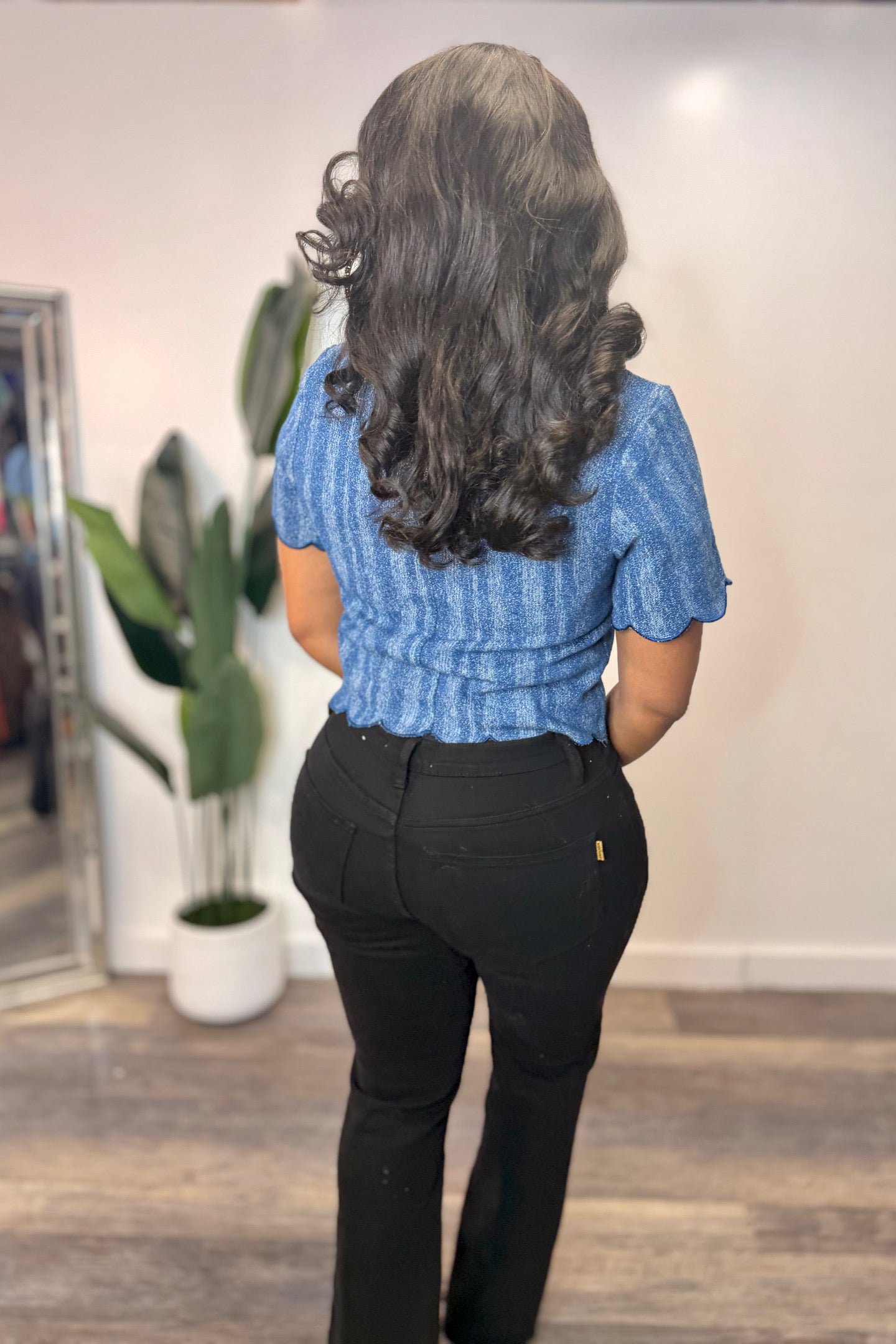 RHINESTONE DENIM SCALLOP HEM TOP