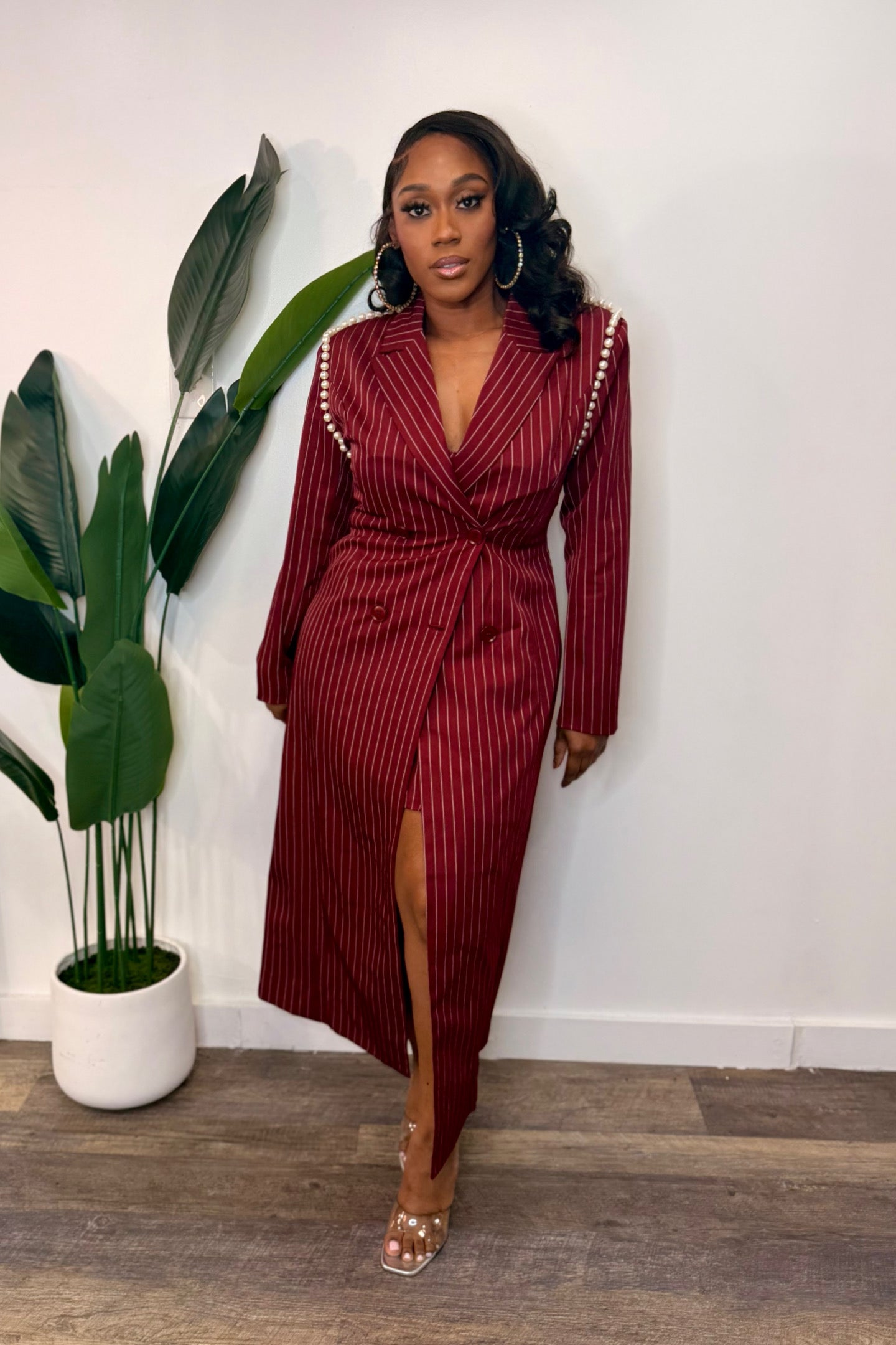 3 PIECE BURGUNDY PINSTRIPE SKIRT SET