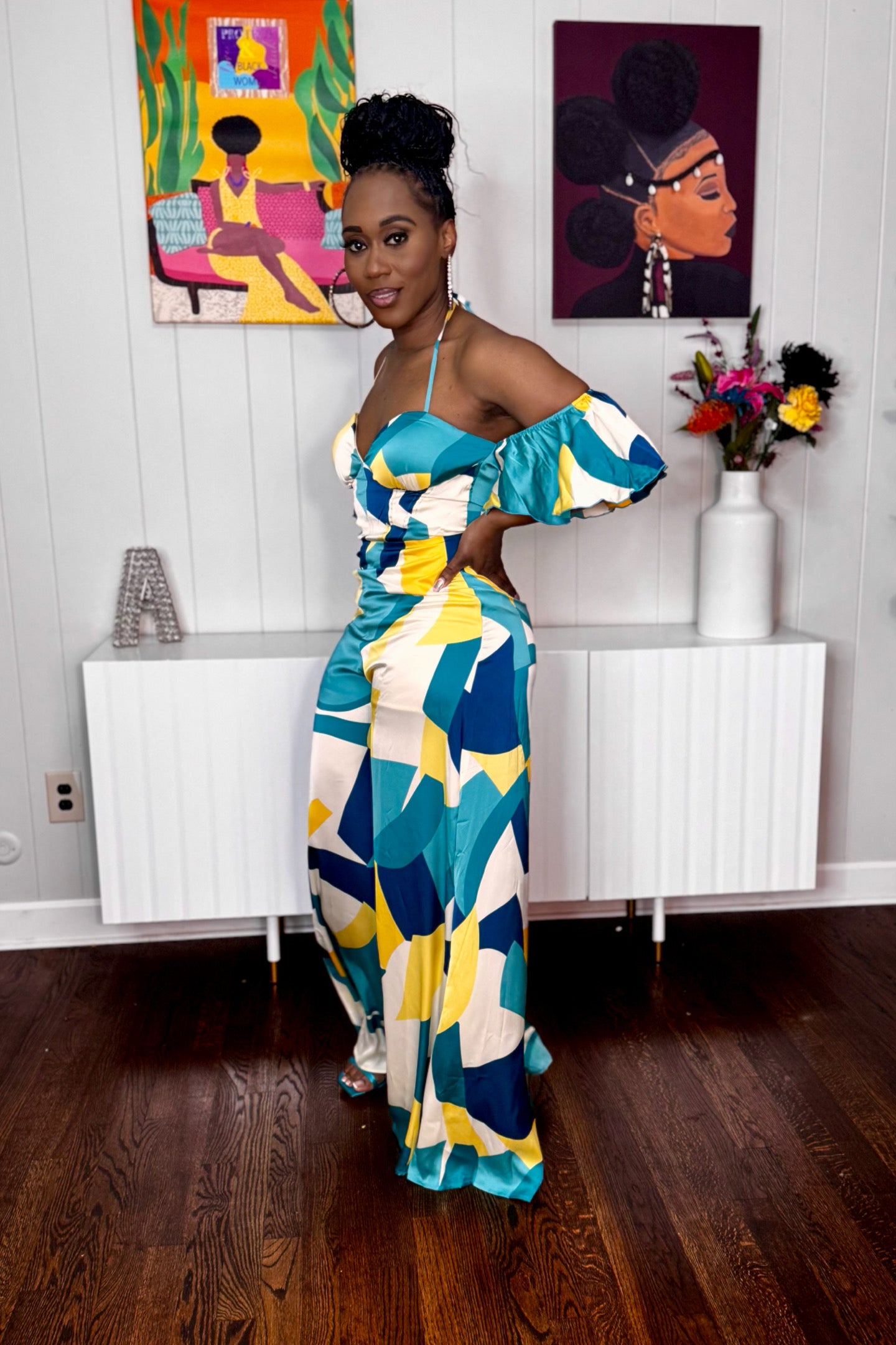 SWEETHEART RUFFLE SLEEVE PRINTED JUMPSUIT