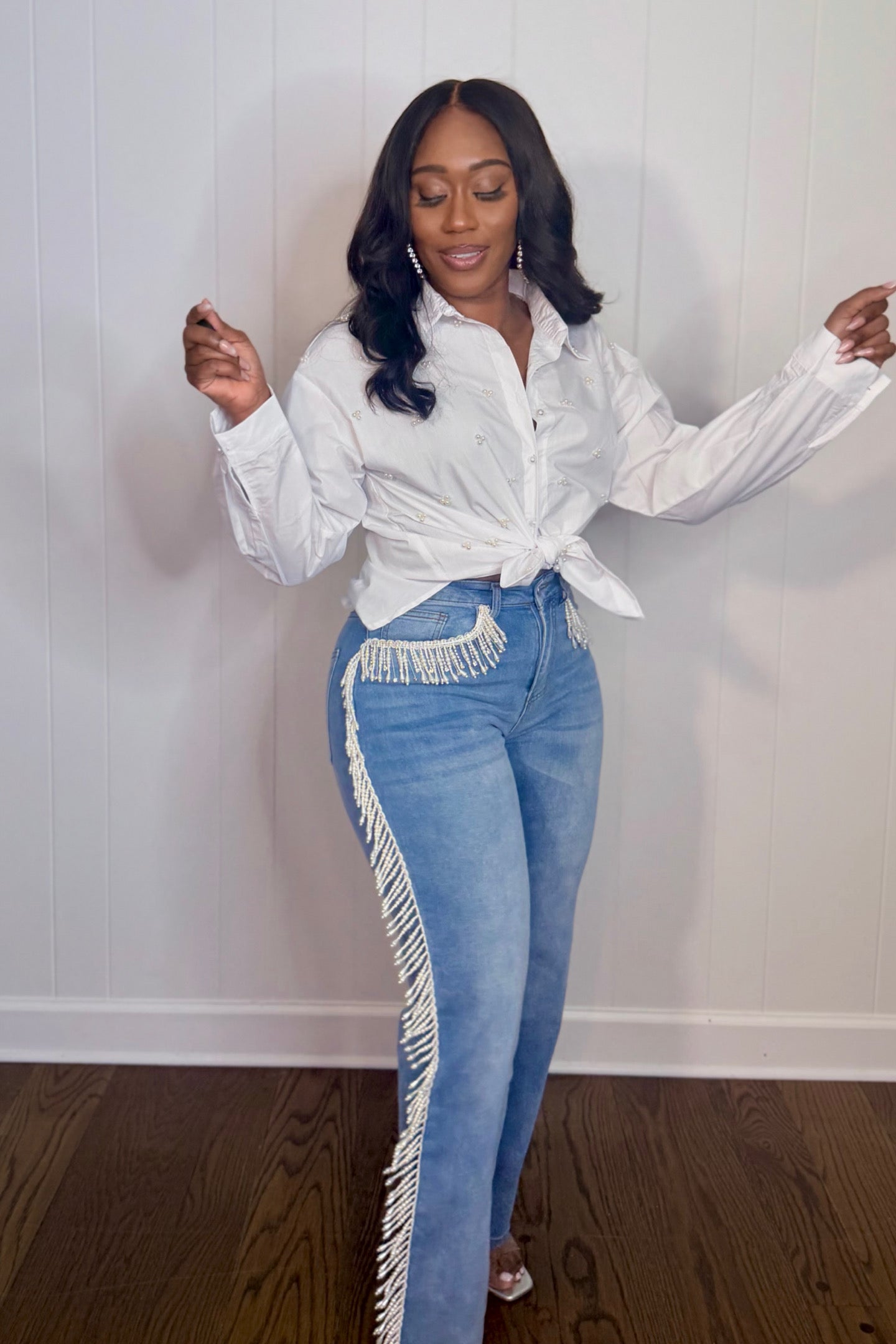 PEARL EMBELLISHED BUTTON DOWN SHIRT