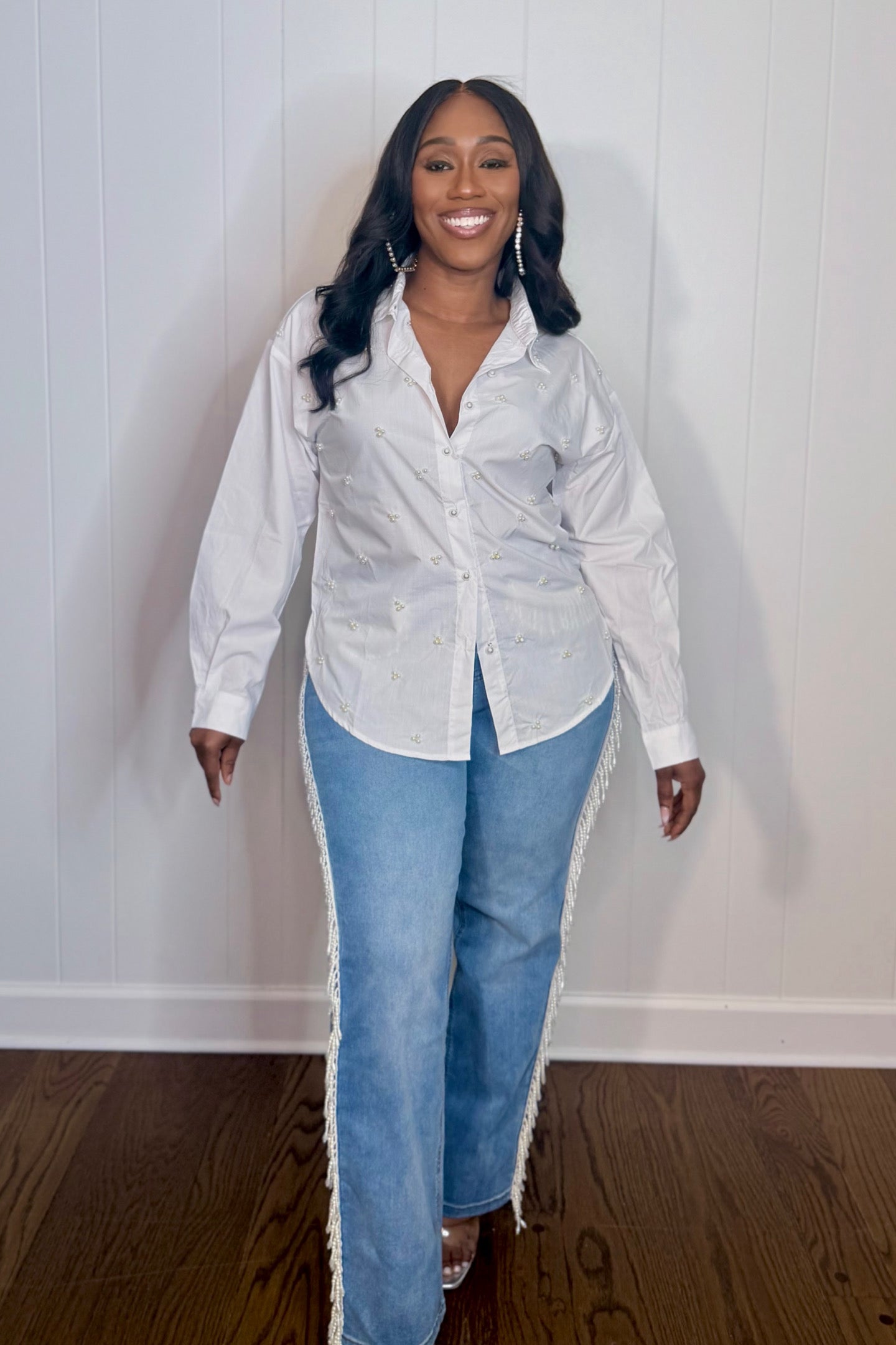 PEARL EMBELLISHED BUTTON DOWN SHIRT