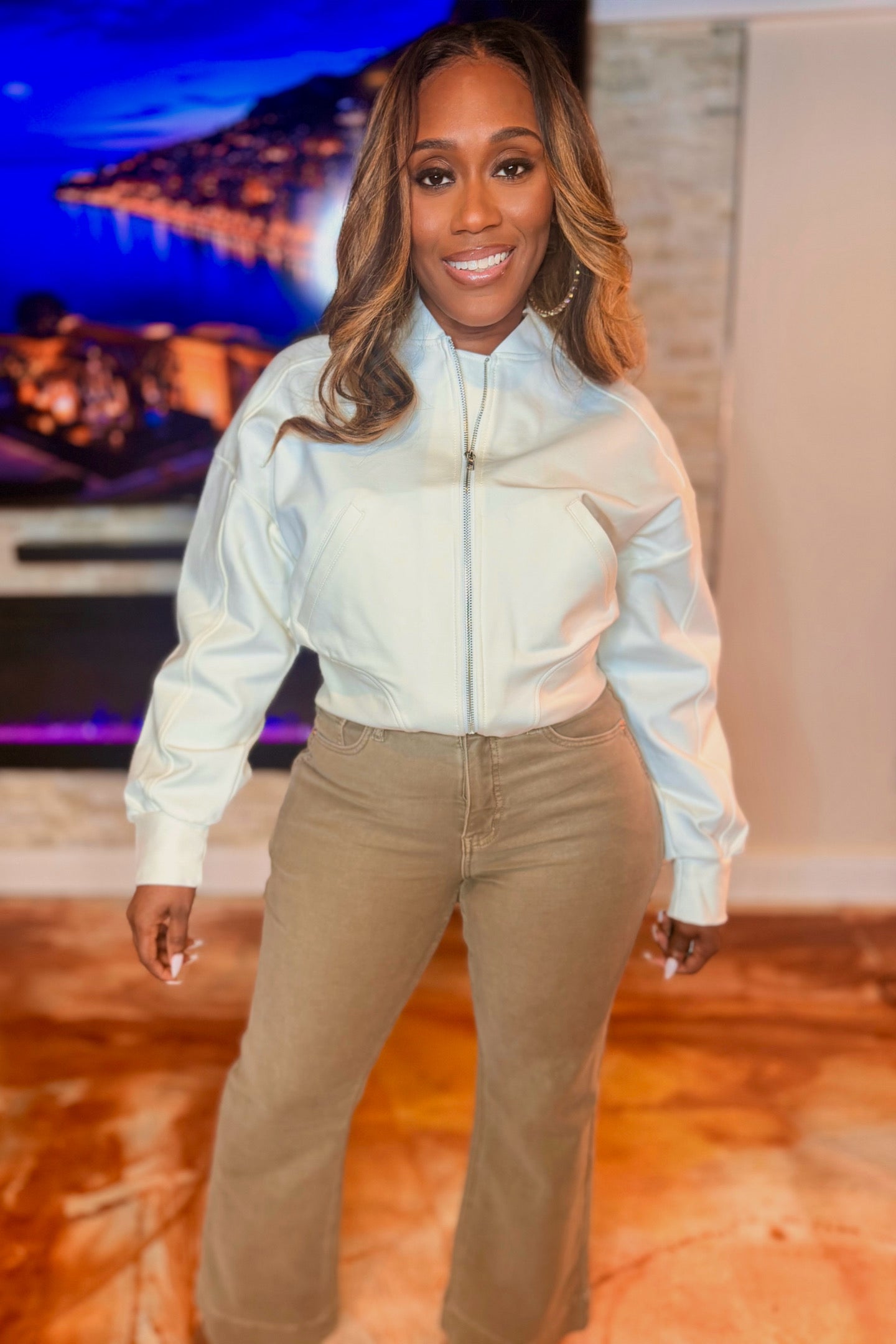 WHITE CROP BOMBER JACKET