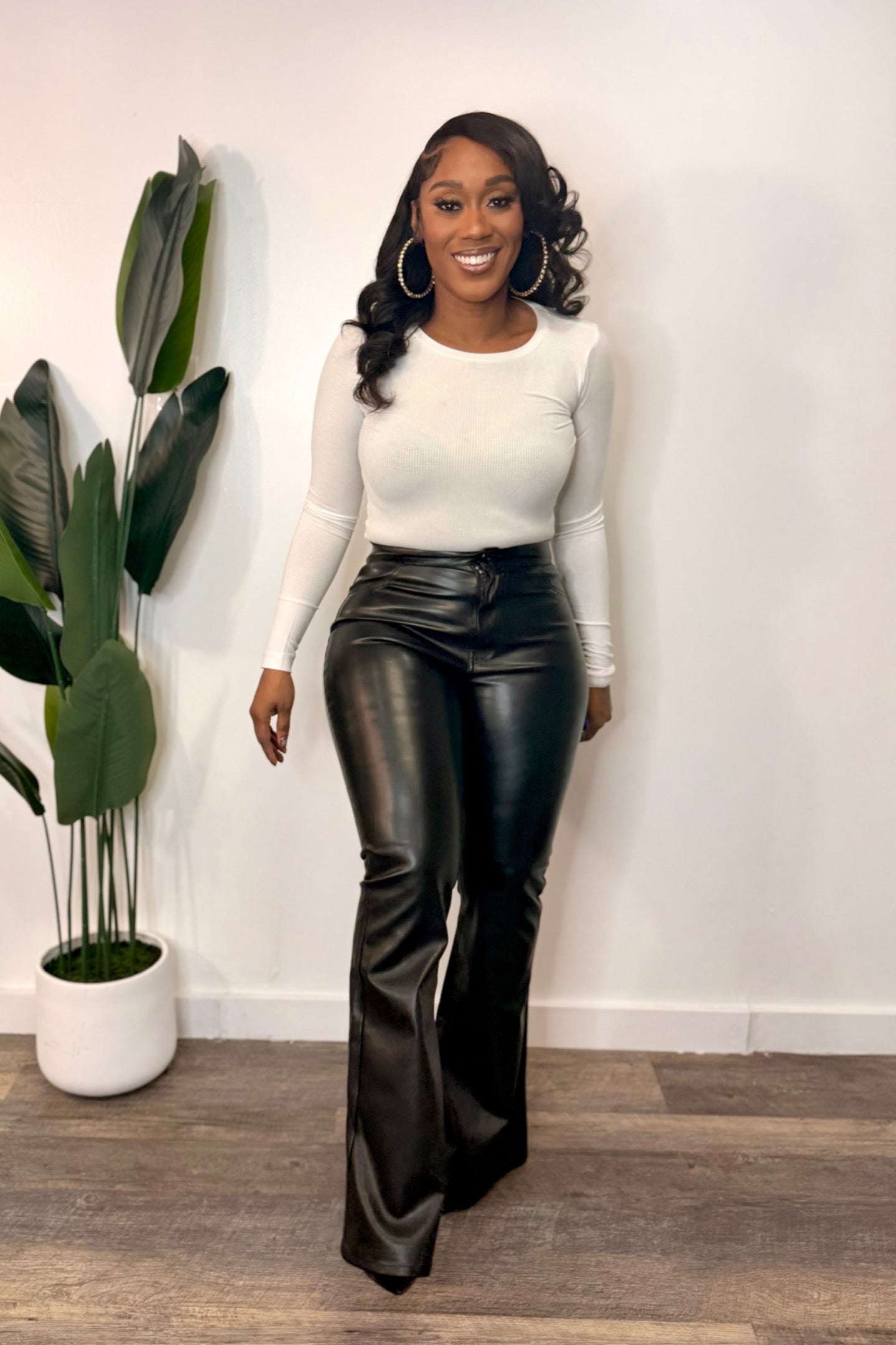 BLACK PU FLARE PANTS
