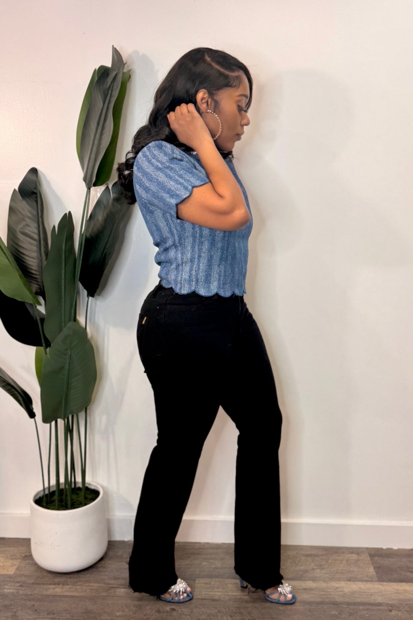 RHINESTONE DENIM SCALLOP HEM TOP