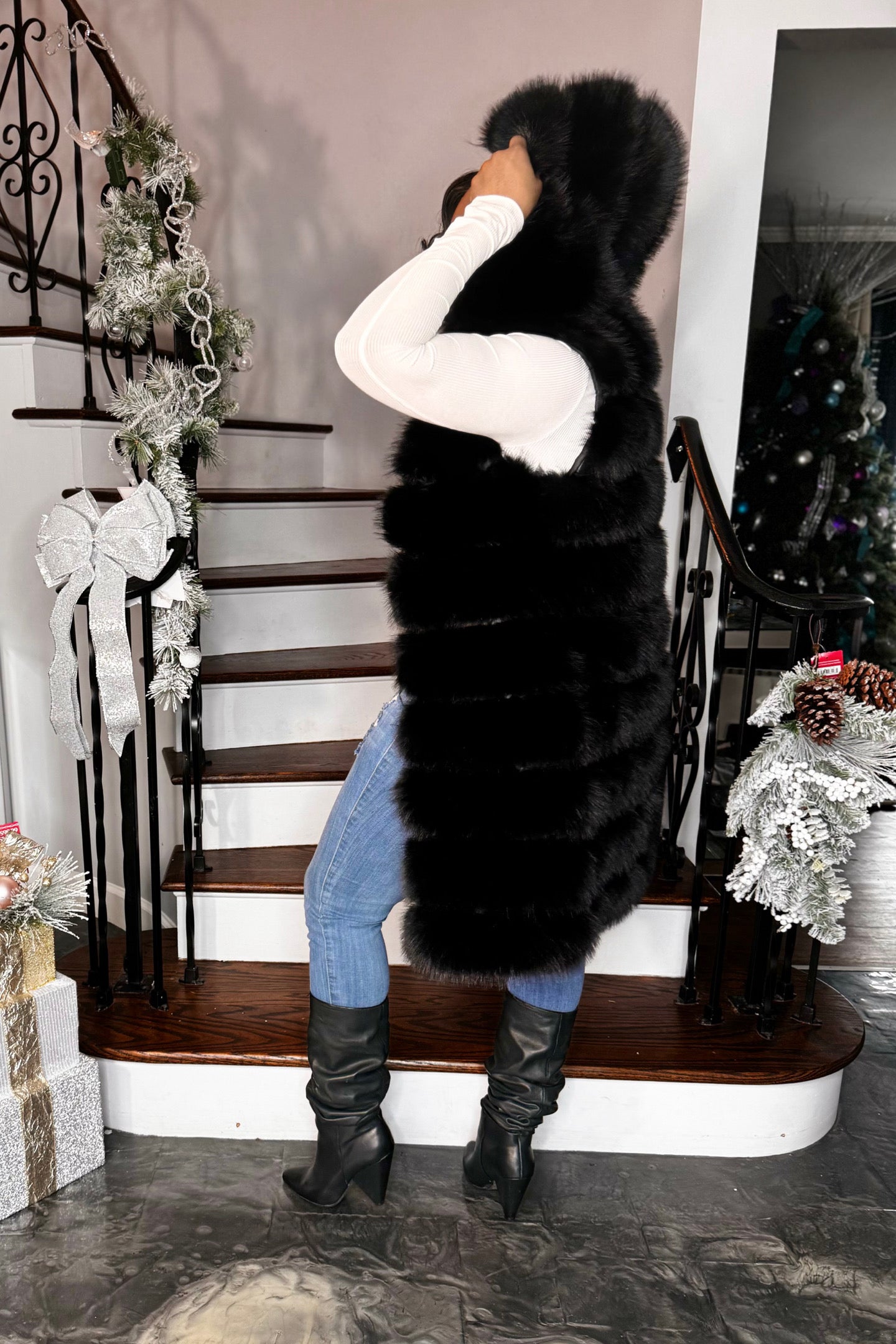 HOODED LONG FUR VEST