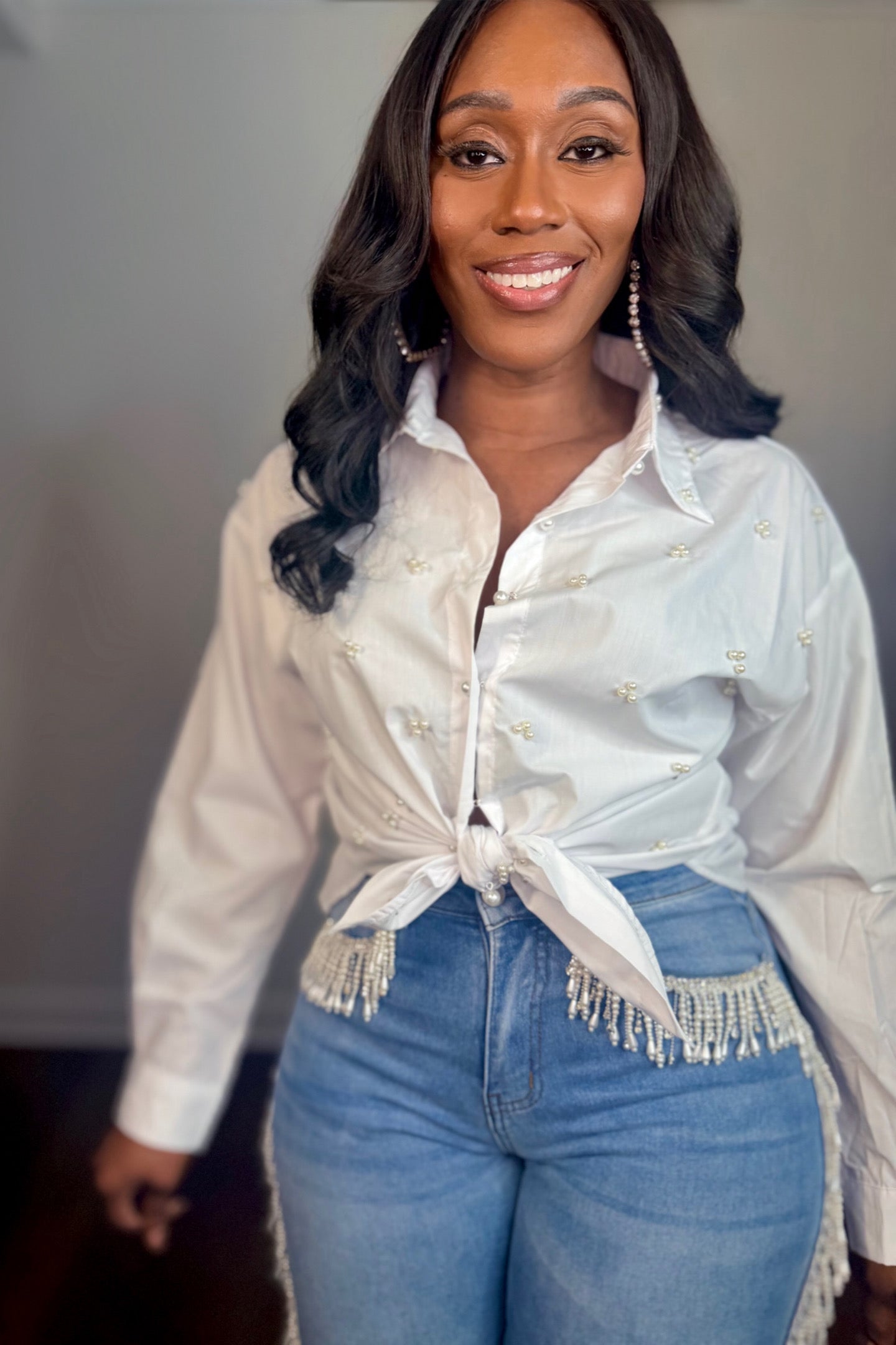 PEARL EMBELLISHED BUTTON DOWN SHIRT