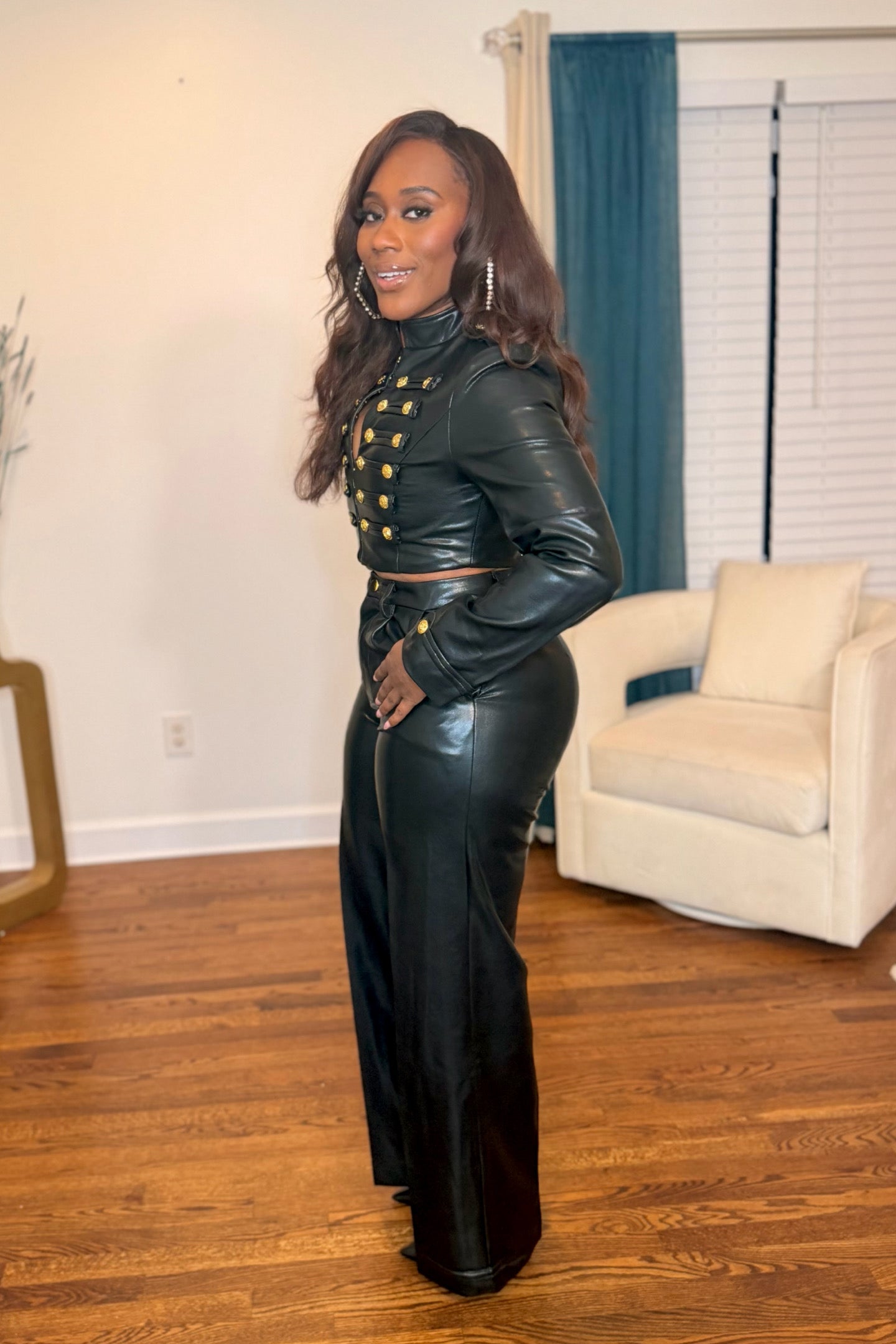 BLACK FAUX LEATHER MILITARY PANTS SET