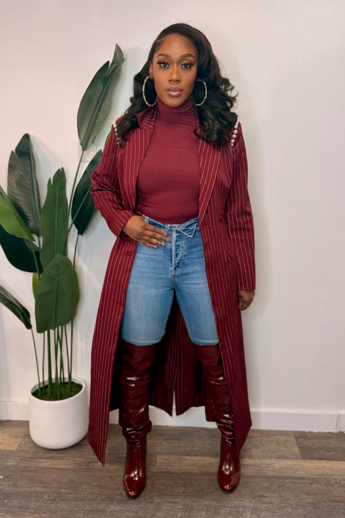 3 PIECE BURGUNDY PINSTRIPE SKIRT SET