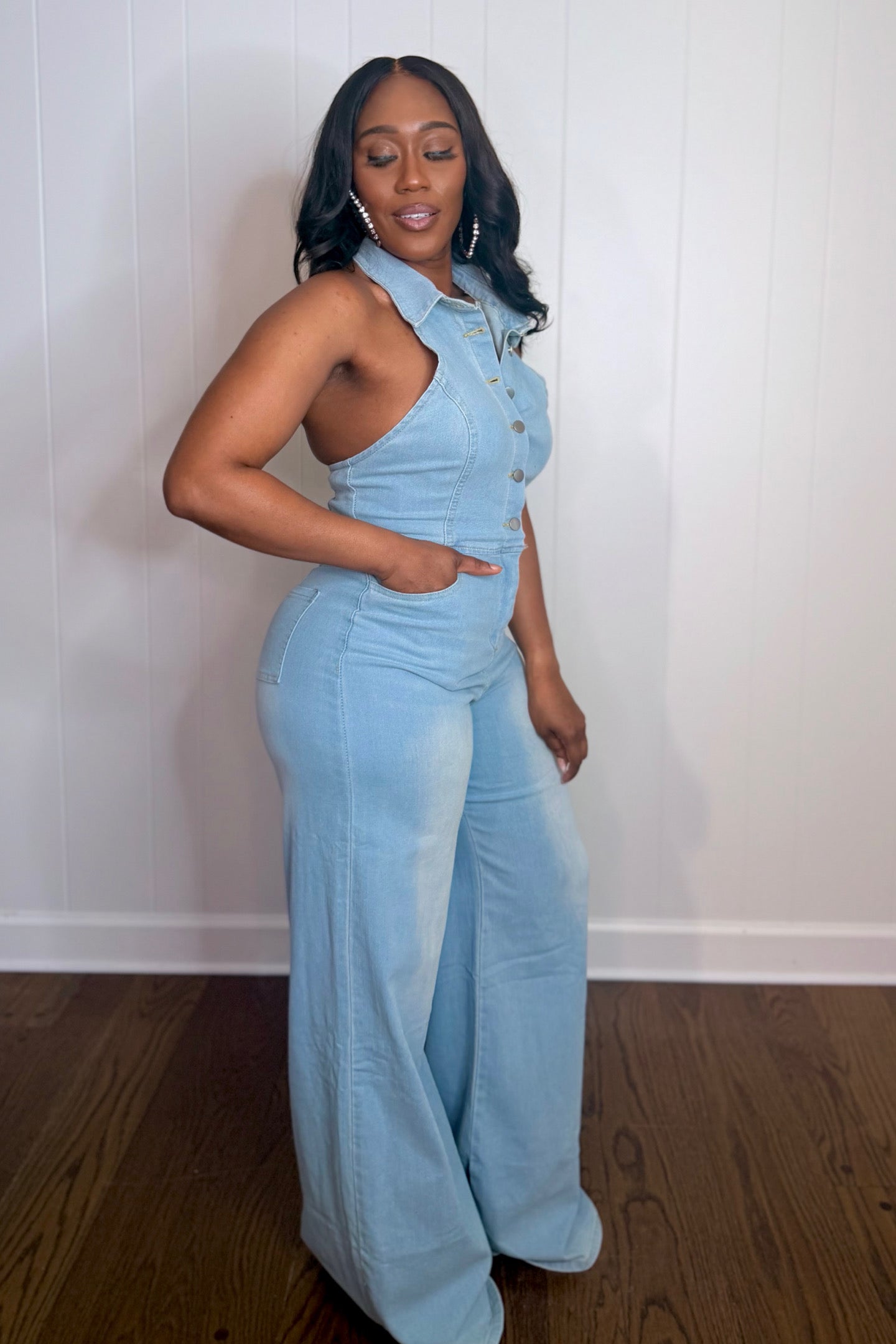 HALTER WIDE LEG  DENIM JUMPSUIT