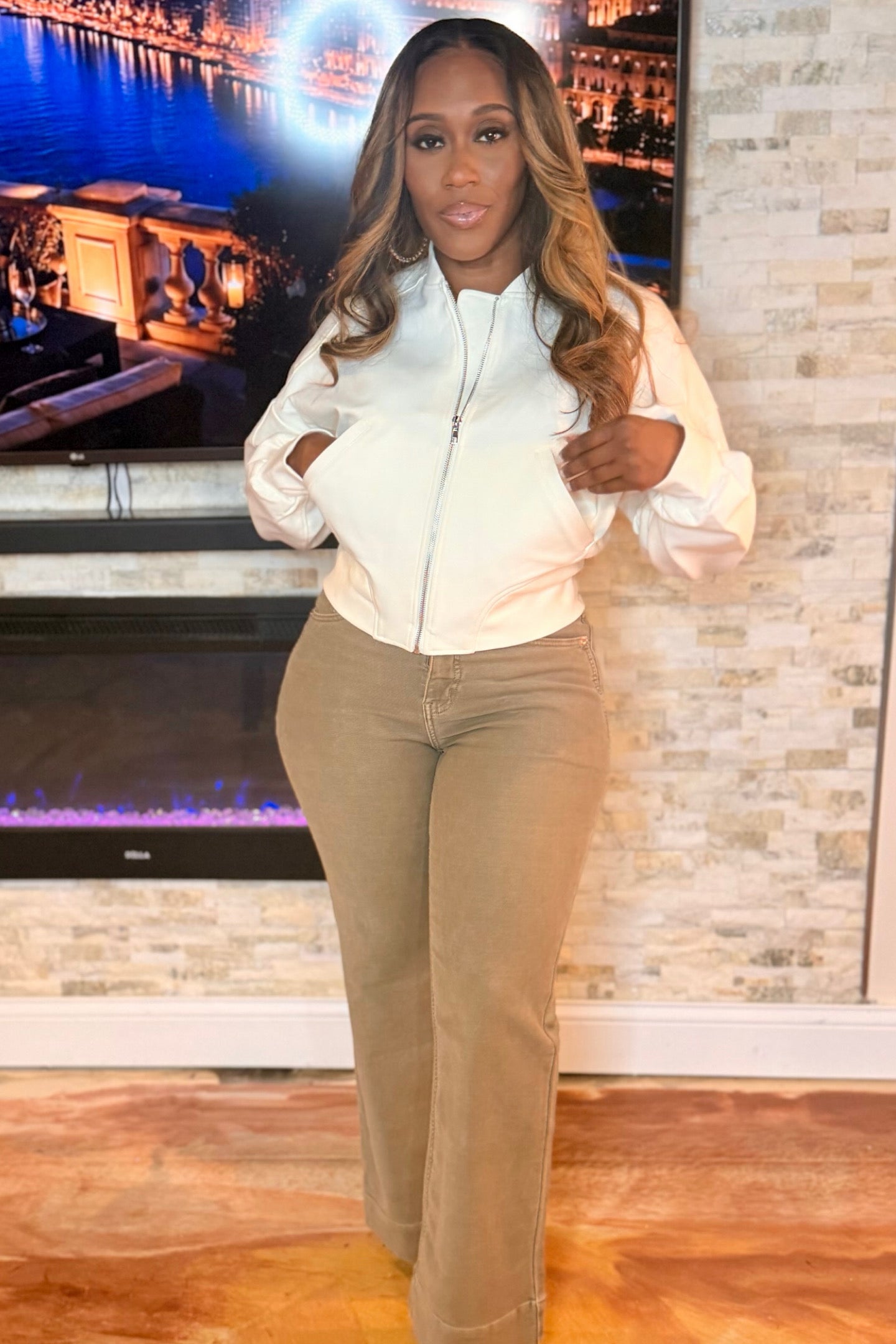 WHITE CROP BOMBER JACKET