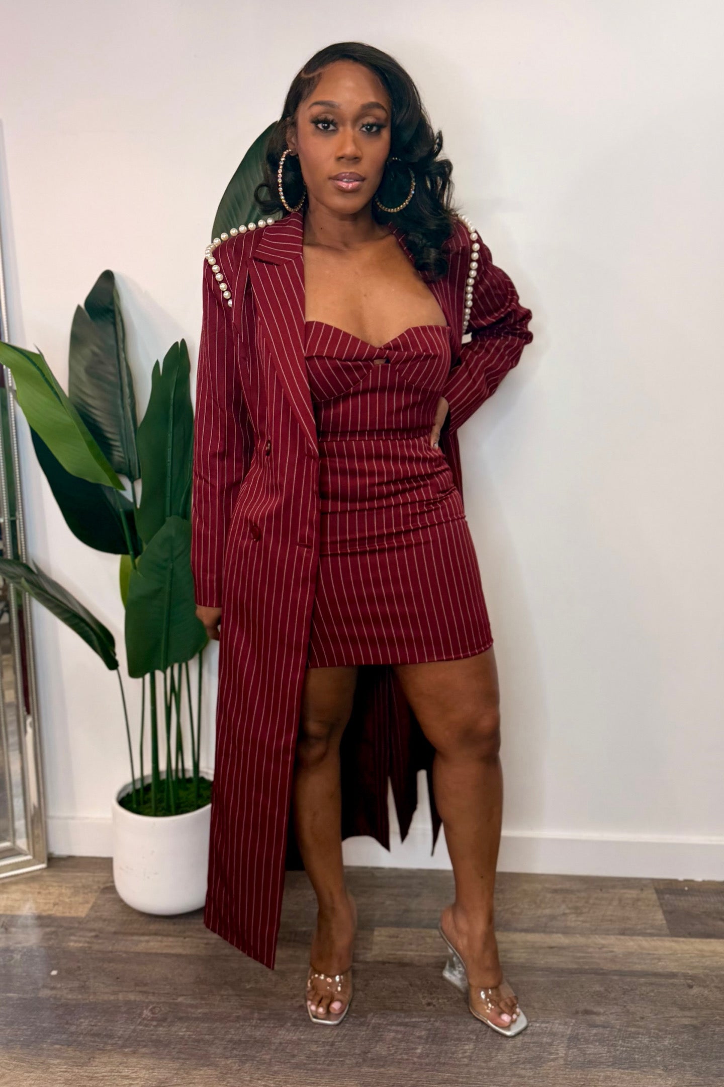 burgundy dress set Toperth Burgundy One-Shoulder Draped High Slit Maxi Dress Set Toperth