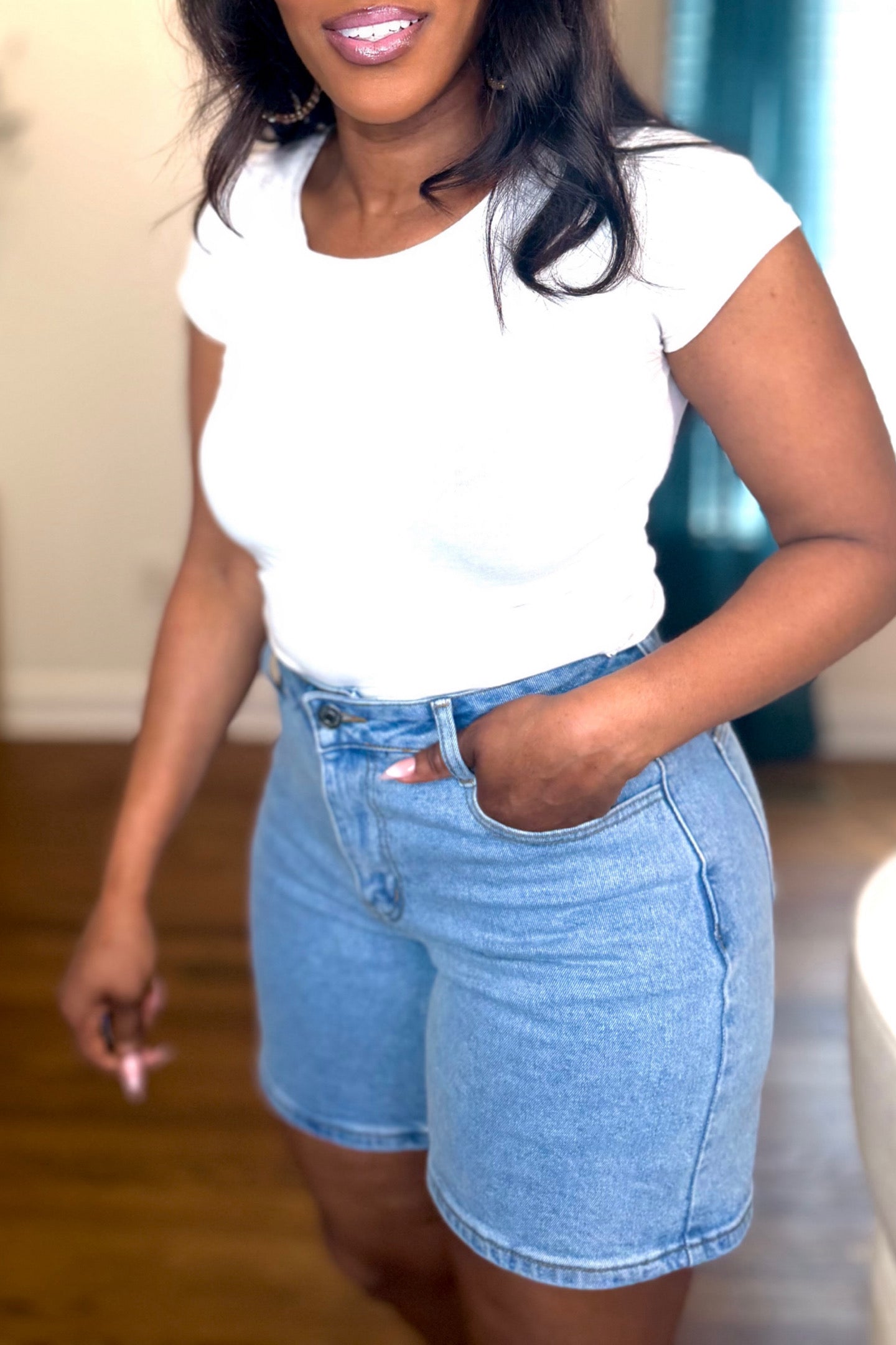 HIGH WAISTED STRETCH DENIM BERMUDA SHORTS