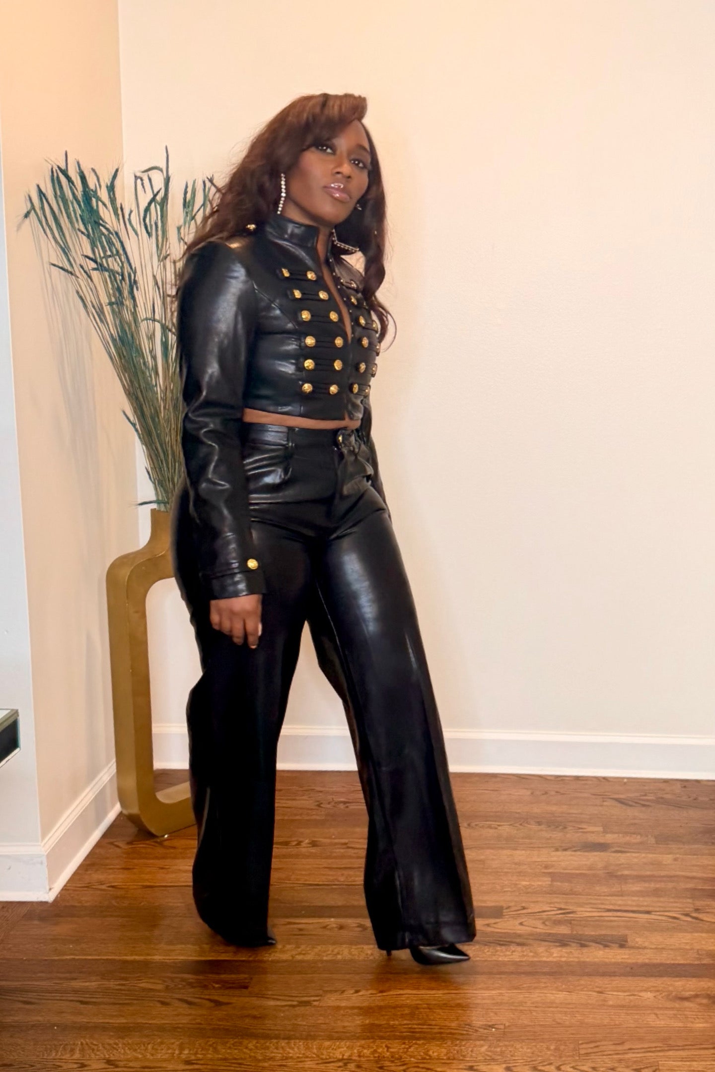 BLACK FAUX LEATHER MILITARY PANTS SET