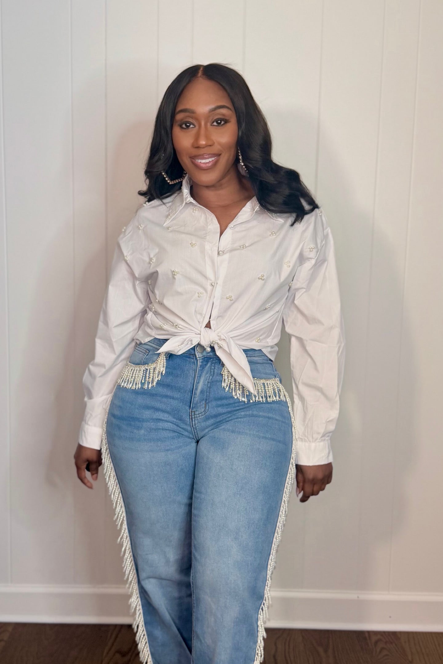 PEARL EMBELLISHED BUTTON DOWN SHIRT