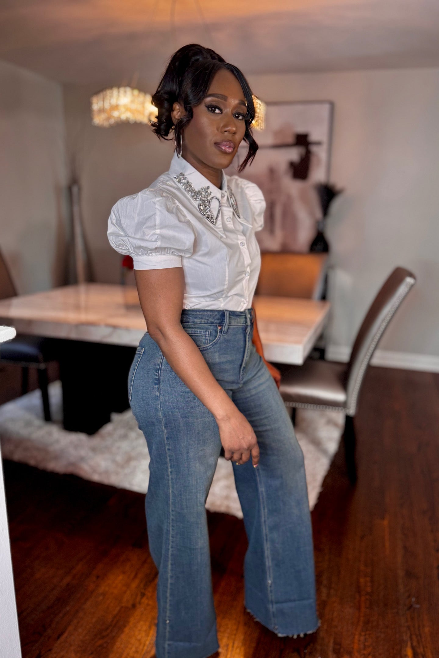 HEART RHINESTONE COLLAR BUTTON DOWN