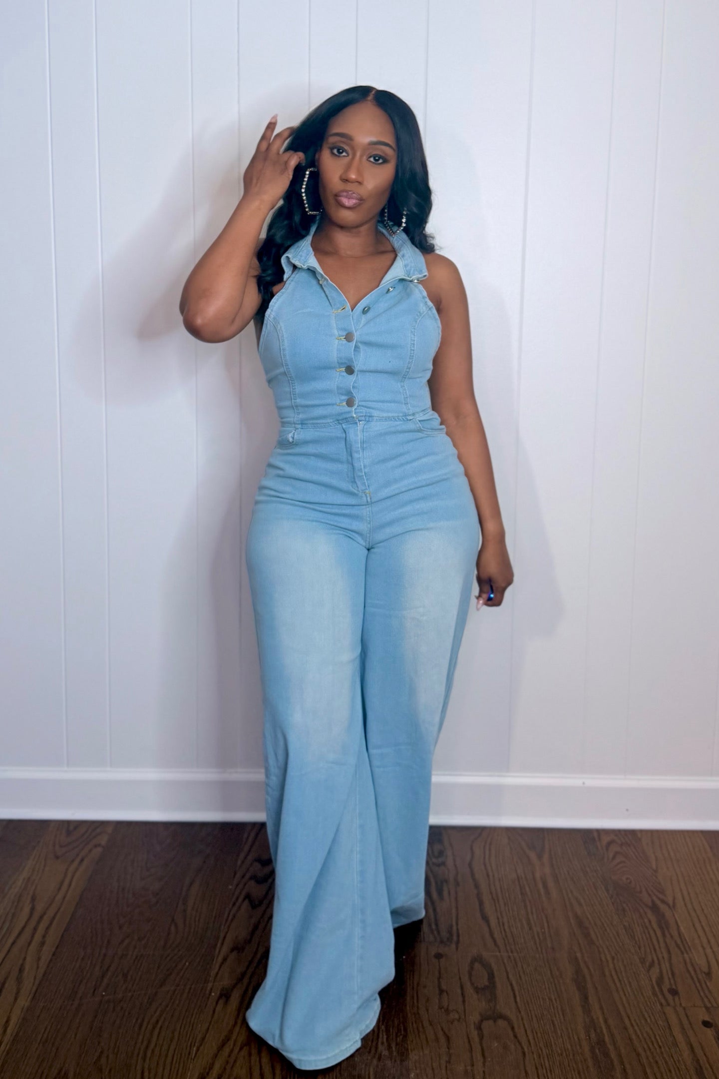 HALTER WIDE LEG  DENIM JUMPSUIT