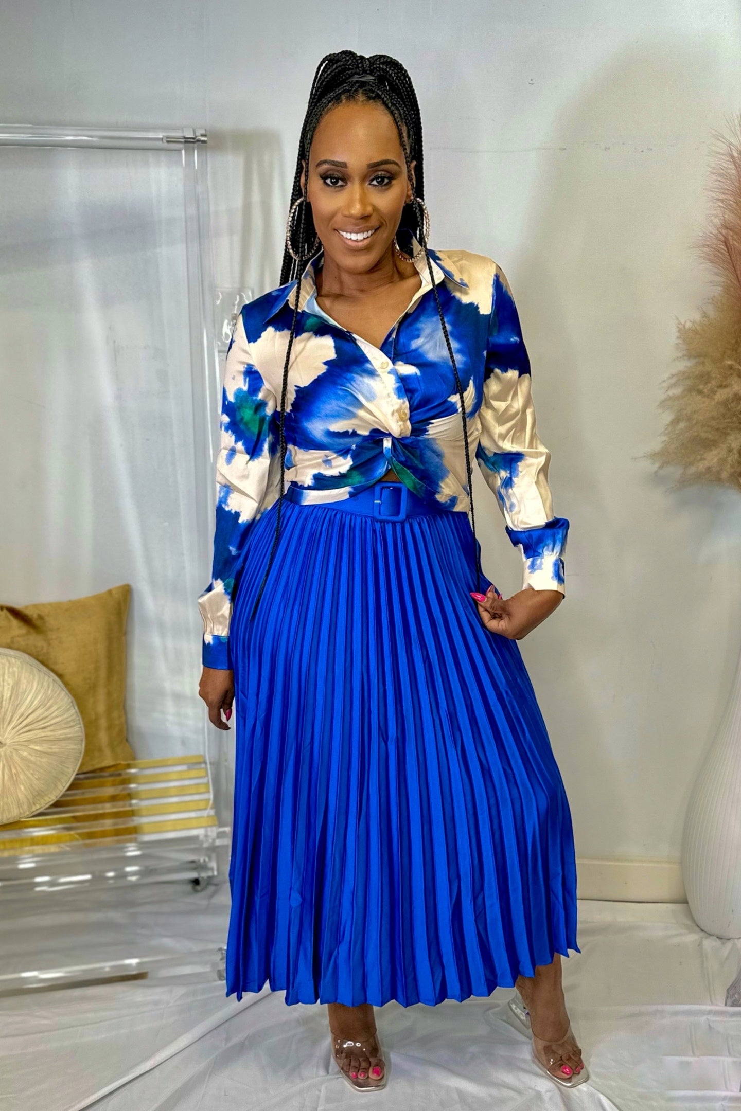 BELTED PLEATED MAXI SKIRT L