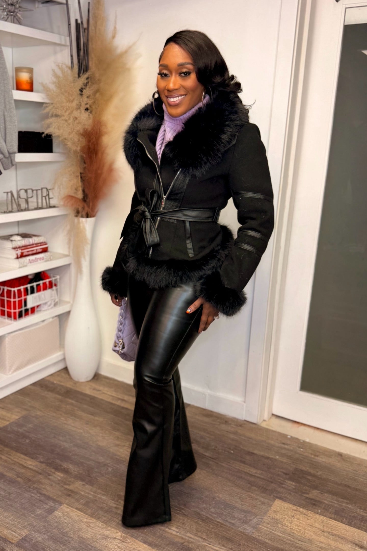 BLACK PU FLARE PANTS