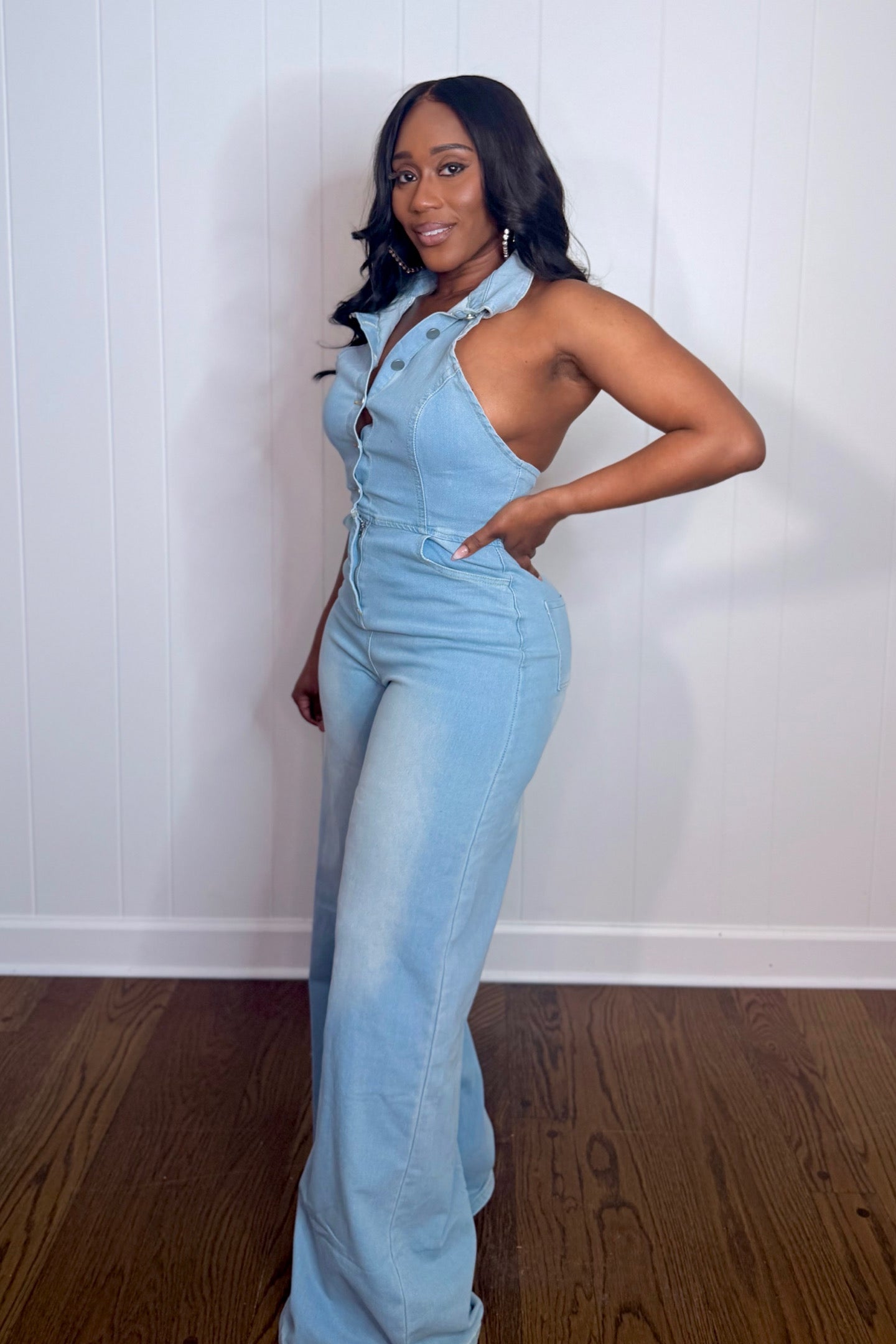 HALTER WIDE LEG  DENIM JUMPSUIT