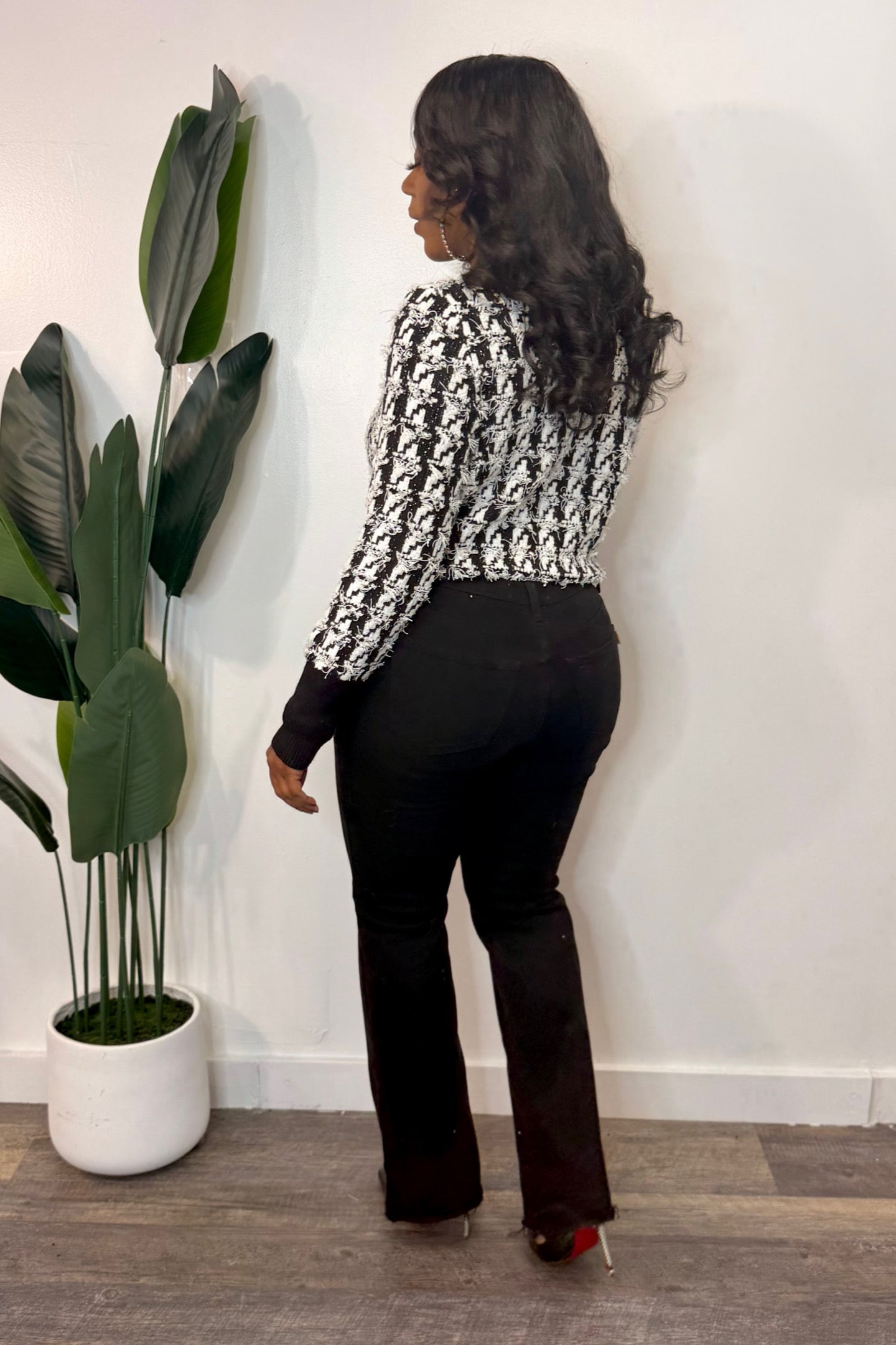 HOUNDSTOOTH TEXTURED KNIT CARDIGAN