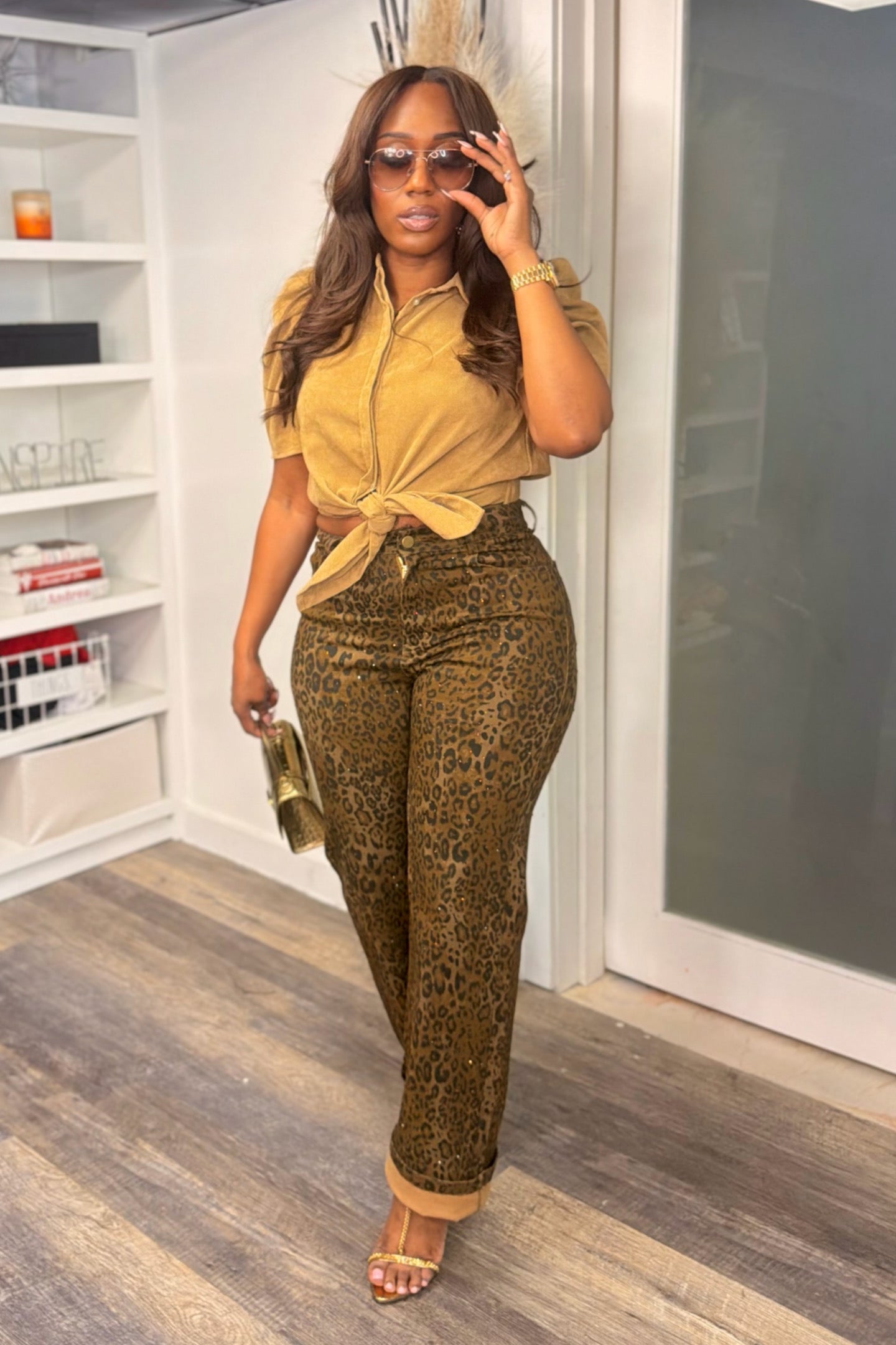 LEOPARD RHINESTONE HIGH WAISTED JEANS