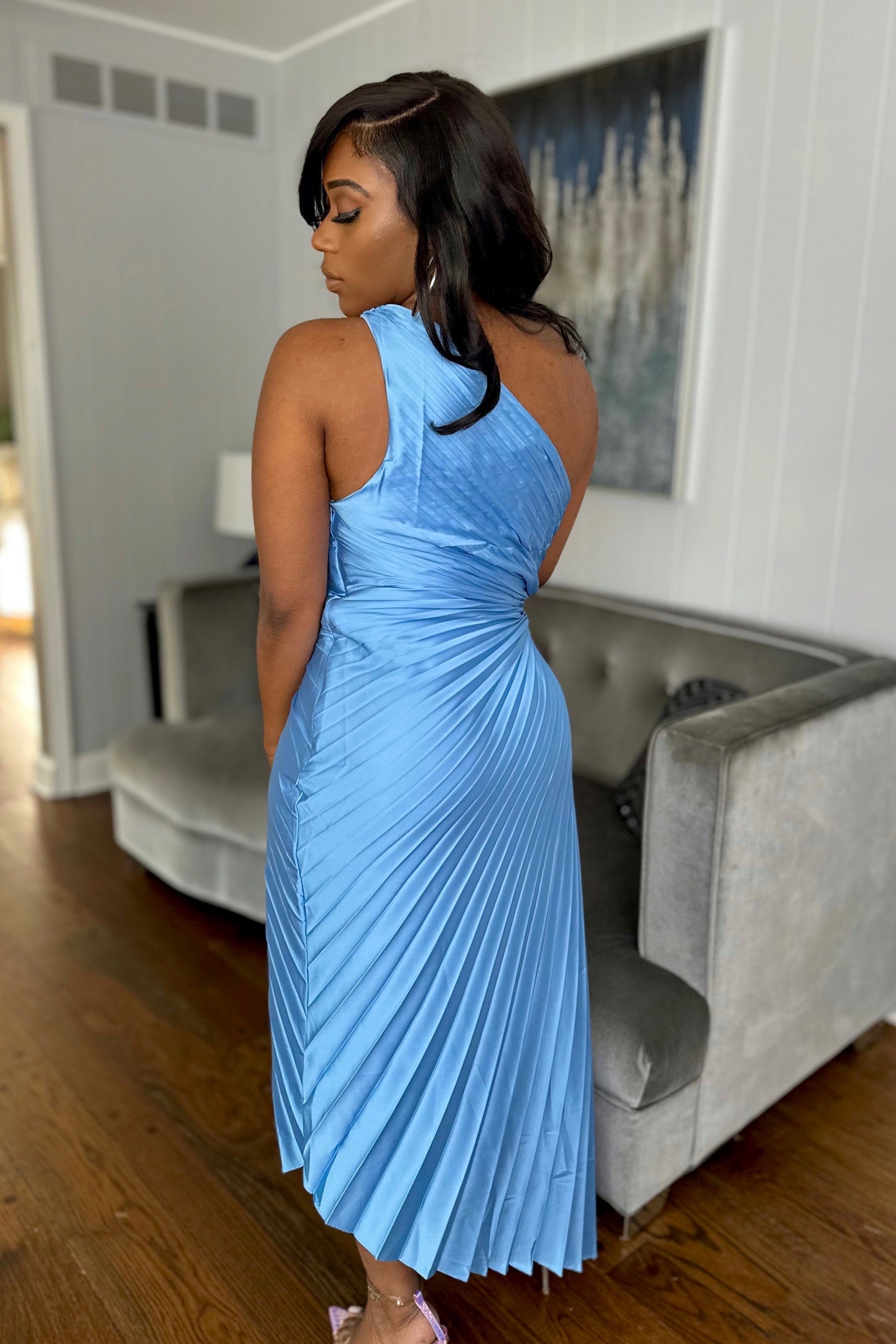 Asymmetrical Pleated Maxi Dress S / Blue Asymmetrical Pleated Maxi Dress S / Blue