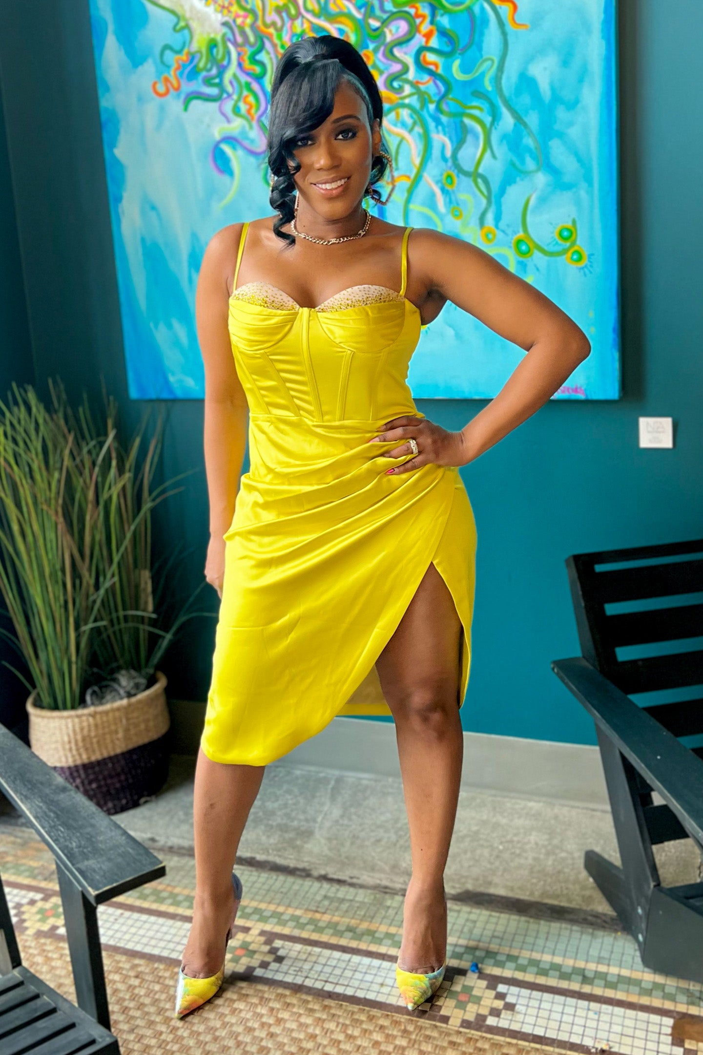 lime satin dress Well Versed Pleated Bust Front Split Dress Satin Lime