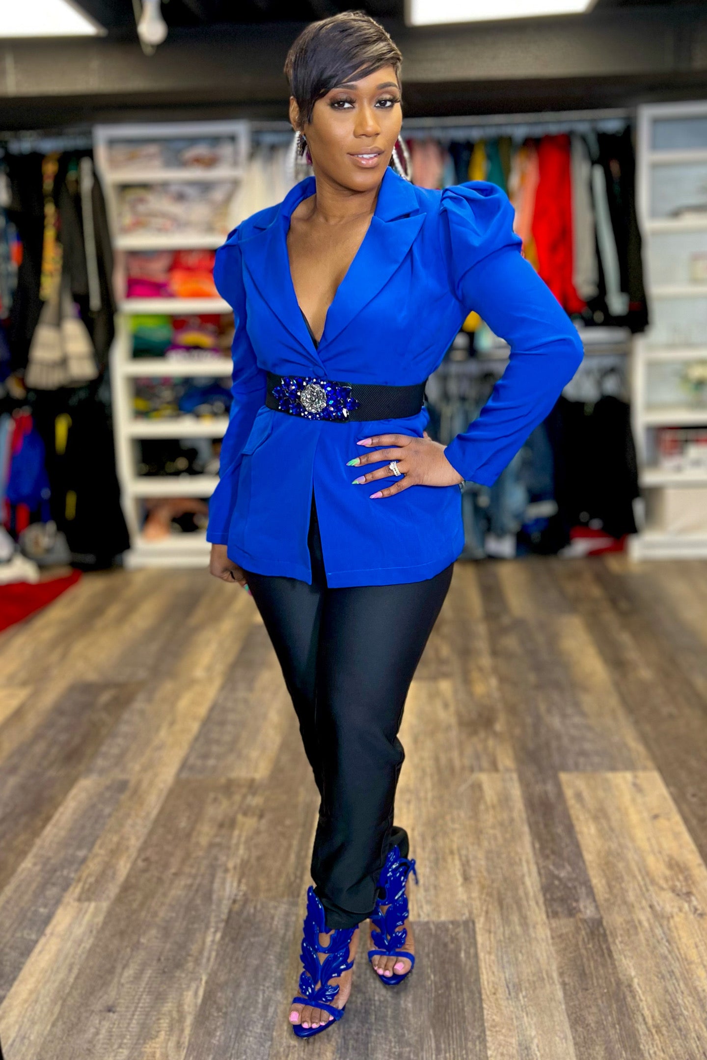 Royal Blue Slim Fit Blazer Suit For Women Sexy V Neck