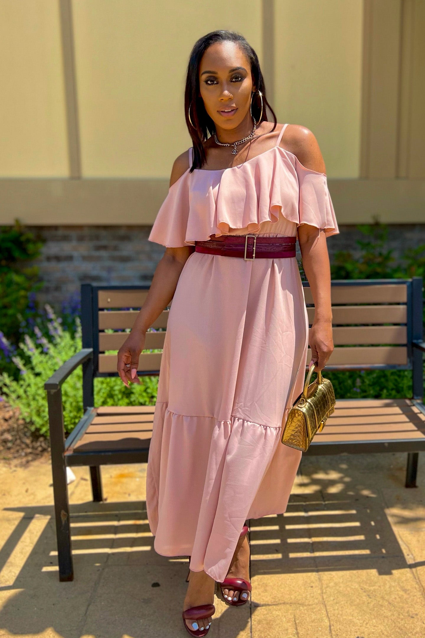 Pink cold outlet shoulder maxi dress